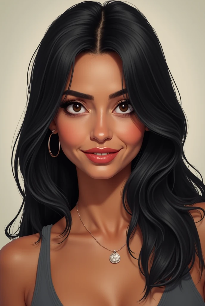 a woman with black hair, com os olhos castanhos, black blouse, with a heart necklace, Grinning