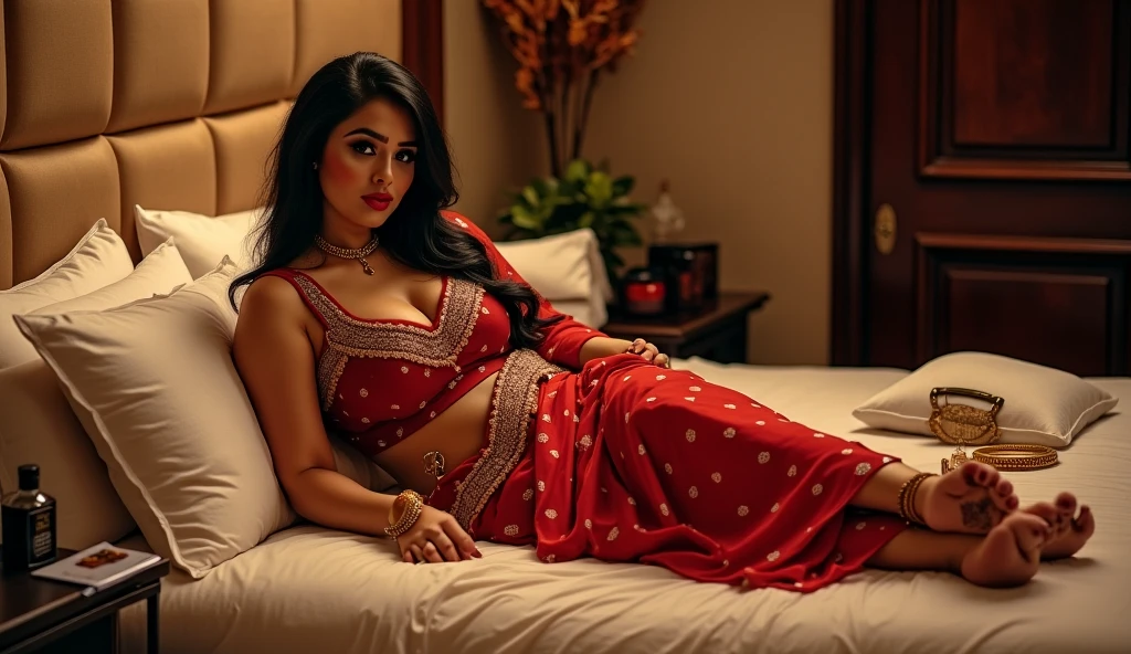 sexy indian woman in red sari posing on a bed, indian goddess, indian, provocative indian, indian super model, indian girl with brown skin, sexy girl with dark complexion, indian empress, beautiful goddess, seductive lady, gorgeous woman, gorgeous beautiful woman, exotic expression, mia khalifa, jaw-dropping beauty, with beautiful exotic, seductive and powerful, sexy :8