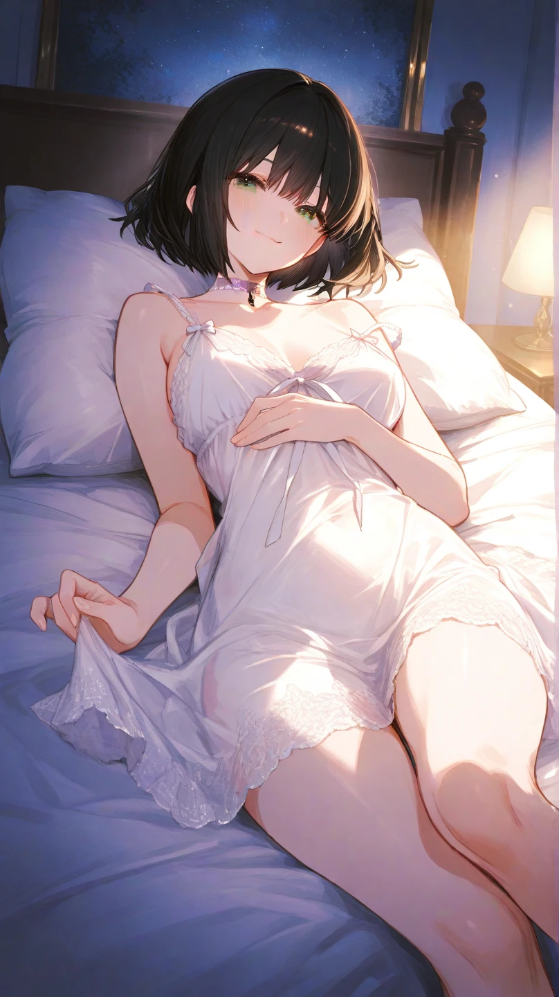 1girl in, full body, ((Shiny skin)), (red color hair), (blue eyes) , ((Lively)), ( (White camisole:1.3))、((White lace underwear:1.2))、Embarrassing、natta、(Dark bedroom:1.2)、a bed、((short-cut)), ,((Normal)),Bare legged, sitting on bed