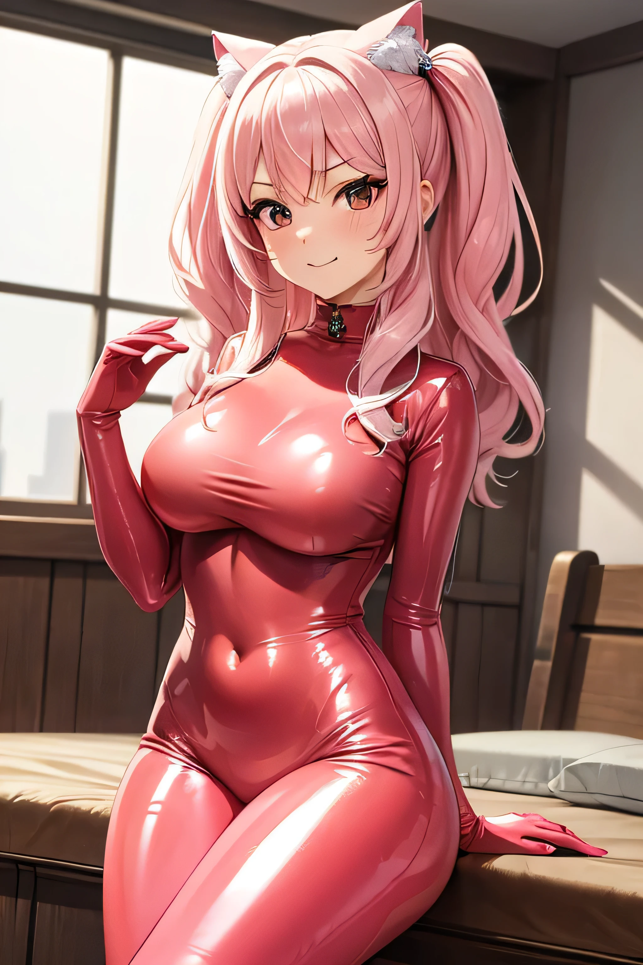 8k, highres, ultra detailed, (masterpiece:1.4), best quality, symmetrical body, (latex short dress:1.4), choker, cute, solo, earrings, long hair, pink hair, pink eyes, glow effect, finely eye, detailed face, looking at viewer, happy face, in the shower, angled view, medium breasts, seductive look, glasses