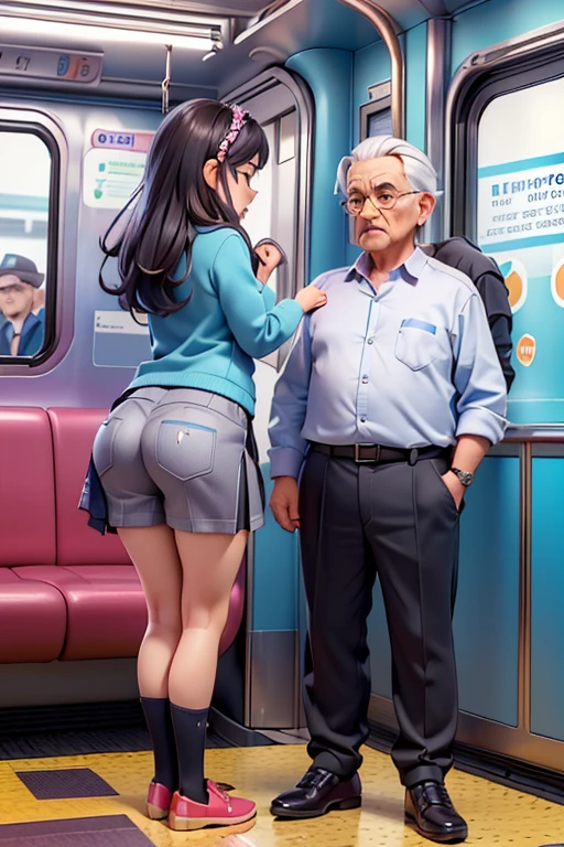 NSFW,Hoshimachi Suisei,blue eyes,blue hair,choker,hair between eyes,medium hair,side ponytail,スターchoker,small breastasterpiece:1.2), highest quality, High resolution,(detailed and beautiful eyes:1.6),(perfect hands, perfect anatomy),(((masterpiece))),((highest quality)),embarrassed face,blush,teeth clenched,whole body,cropped shirt,hot pants,belly button,cleavage,1 male,being molested,My chest is being touched from behind by a middle-aged man,My butt is being touched from behind by a middle-aged man,arms raised,crowded train