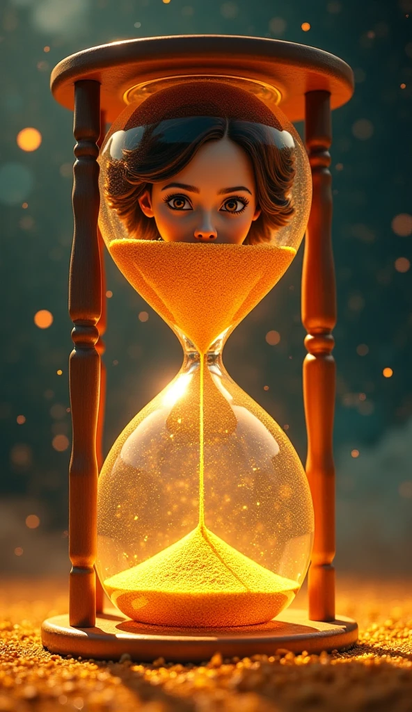 Woman inside an hourglass trying to stop the sand , But it is at the bottom of the sand, so when the sand is going down, she tries to stop the sand with both hands.