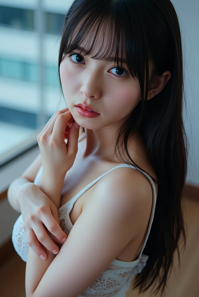 bright look、photorealism、highest quality、Super high resolution、picture、絶妙にbeautiful北欧生まれの女の子の写真、extraordinary beautiful girl、可愛くてbeautiful顔の詳細、(Pueros face_v1:0.008)、beautiful bangs、alice in wonderland、、Shining white skin、Bangs that extend to the face、bangs between the eyes、super long hair、輝くbeautiful明るいナチュラルプラチナブロンドの超ロングストレート絹のような髪、thin hair、high definition eyes、beautiful, Bright and clear, Big light blue eyes shine charmingly、white apron、blue dress、eyeliner、double eyelid、rich bust、Going to bed、lie on your back、Going to bed、sprawl、sleep on your side、lying on one's back