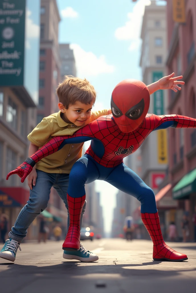 Two age running with spiderman