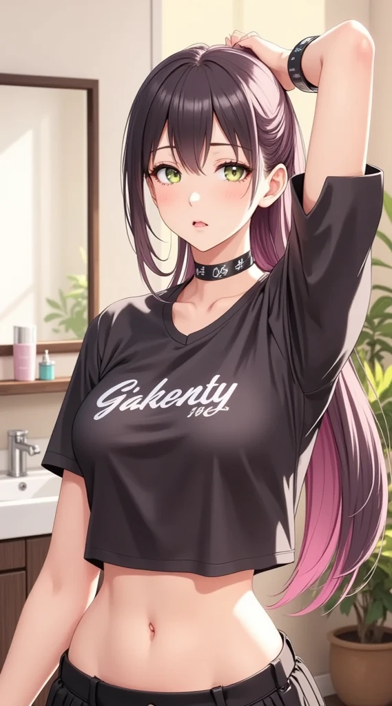 (higher resolution, distinct_image) The best quality, a woman, masterpiece, highly detailed, semi realistic, 21 years old, beautiful, young, handsome, t-shirt, lilac shirt pulled, collar on neck, interior, modern room, window, wake up, morning, blush, smiling