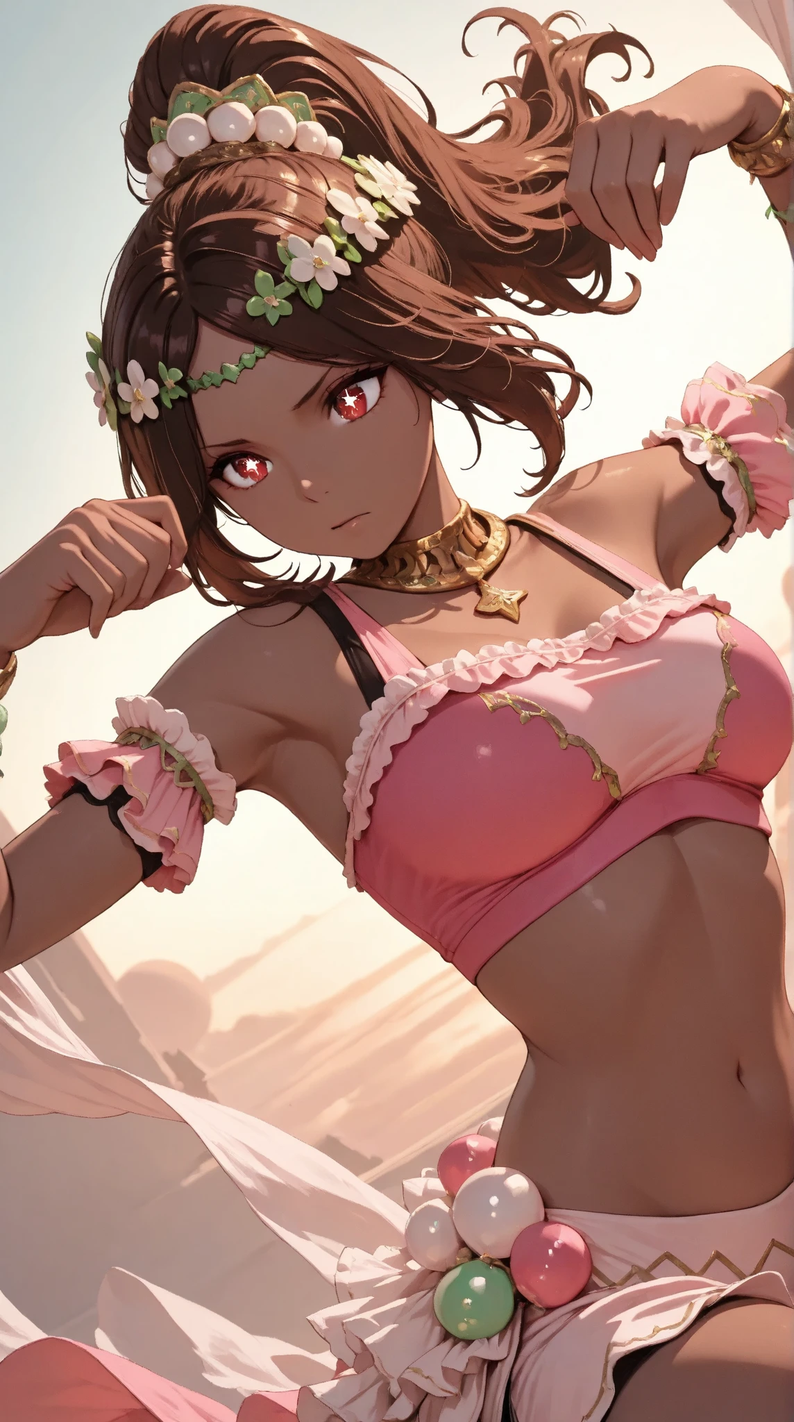 (sleeveless halter neck bikini crop top, elastic waist band bikini shorts ),gorgeous, masterpiece, best quality, high-resolution, finely detailed, extremely detailed and beautiful, distinct-image, 1 girl, 16 year old teenager, solo, sharp facial features, oval shaped face. cherry pink lips, lightly tanned white skin. velvet-colored eyes, C-cup breasts, tall height(175cm), slim yet chiseled body type, short shoulder length dark violet-black hair, small narrow waist, long and slender legs, curvy wide hips, elegant training courtyard setting
