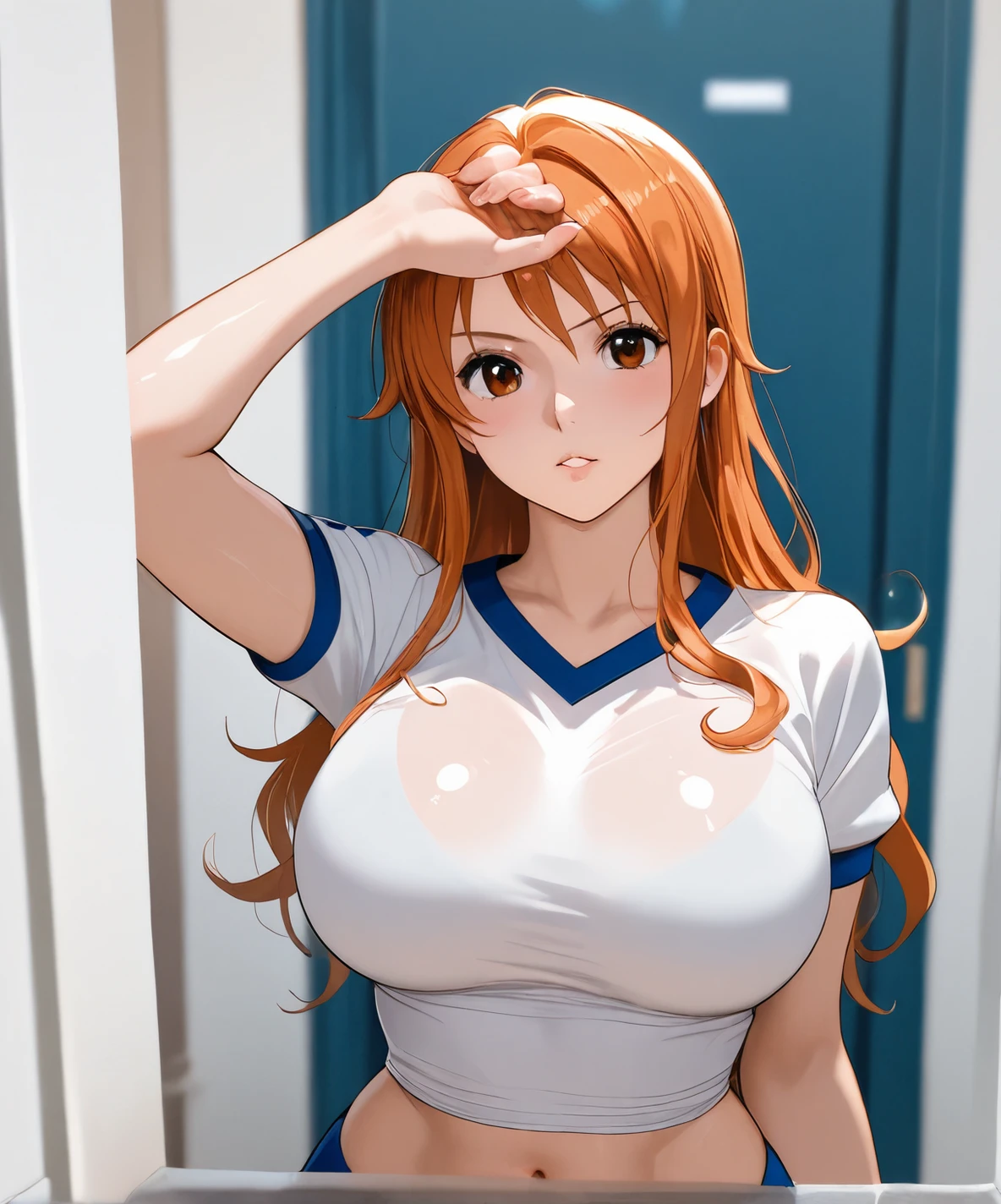 Nami, Plus size fitness supermodel version, taking a photo in a provocative submissive pose, long hair, ornamented gym clothes, long hair, shiny skin, safe for work.
