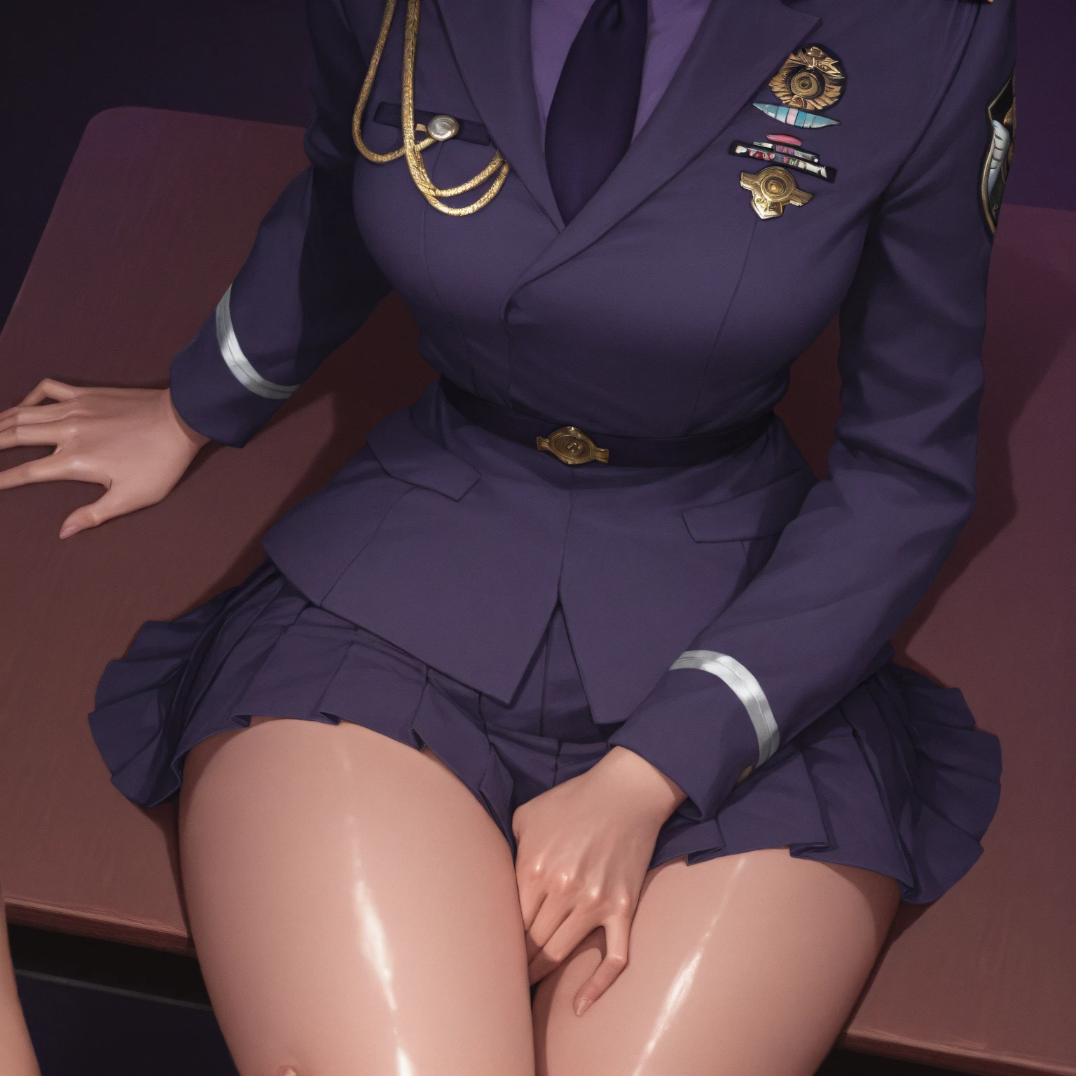 (8k、Best image quality、Highest quality、masterpiece)、Detailed face、Detailed Background, 1 girl、Improve、((Brown Skin:1.3)), blonde、Pixie Cut、Earrings、((grin)), Big Tits、((Pink nurse outfit)), (Luxurious panties in purple super shiny lace:1.3), ((mini skirt)), Sit on the edge of the bed, (spread legs:1.5), Bedroom, show off panties, panties visible, covering eyes pose, (Displaying ID card around neck:1.3), Beautiful thighs