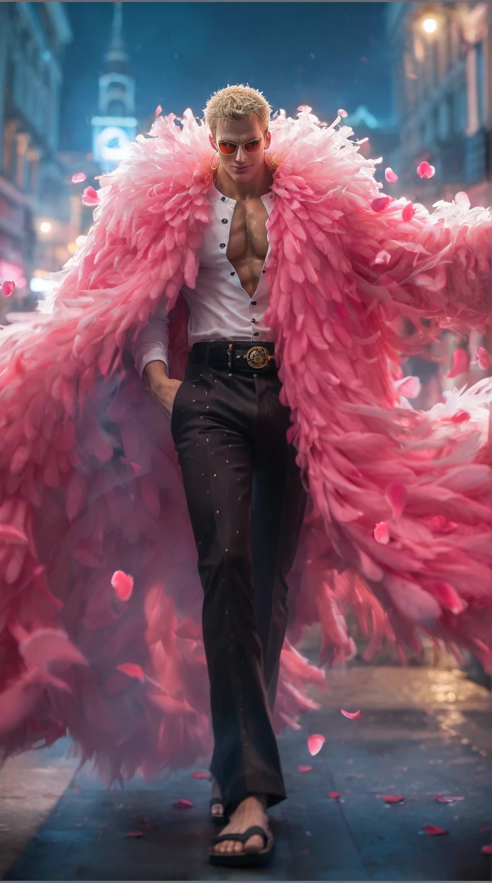 score_9, score_8_up, score_7_up, source_anime, detailed, wallpaper, beautiful details, donquixote doflamingo, one piece, 1man, male focus, ultra realistic, full body shot, stylish tall muscular man, short bleached blond hair with sharp texture, tanned skin, angular jawline, confident smirk, wearing red-tinted curved sunglasses, gold hoop earrings, white button-up shirt with pink heart patterns slightly open showing muscular chest, large flamboyant bright pink feather coat flowing behind, dark patterned dress pants, black belt with gold buckle, wearing dark sandals, walking confidently in a wet neon-lit city street at night, glowing reflections on the pavement, blurred crowd in the background, falling flower petals, cinematic lighting, soft light haze, slight motion blur on coat edges