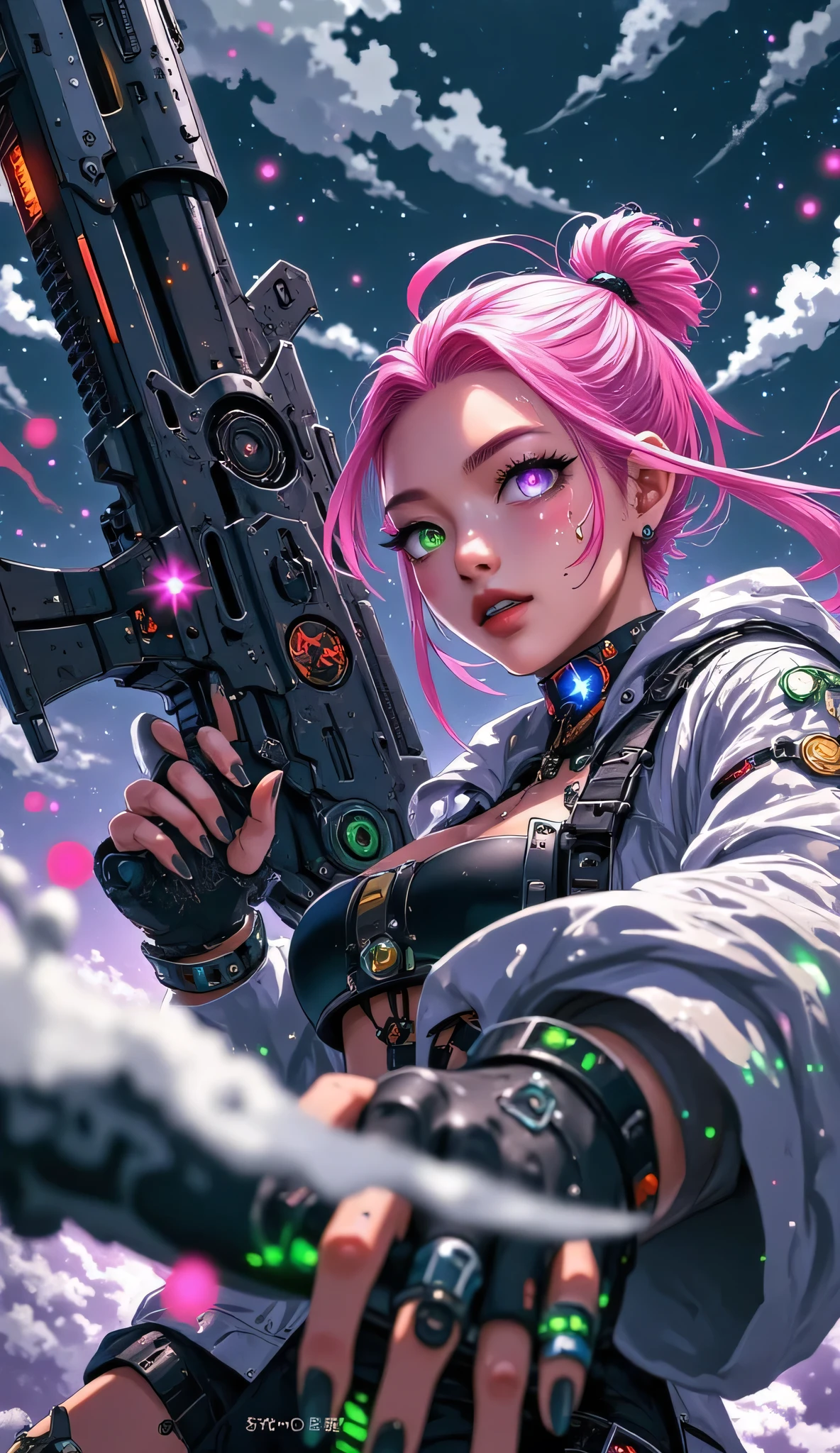 ((Masterpiece))) Full Body, Full Body Shot (One Girl) ((Pink Hair, Long Hair, Straight Hair, Both Sides Up))), ((Green Eyes))), Eyeshadow, Eyeliner, Glow Eye, Hyper Detail Eye, Complex Eyes, Beautiful Eyes, Detailed Eyes, (((Star-shaped pupils, glowing pink pupils))) 18 year old girls. (wearing a transparent jacket made of PVC material)) huge cool weapon machine in hand, huge cool weapon machine, mech, mechanism, machine, open stance, coalescing