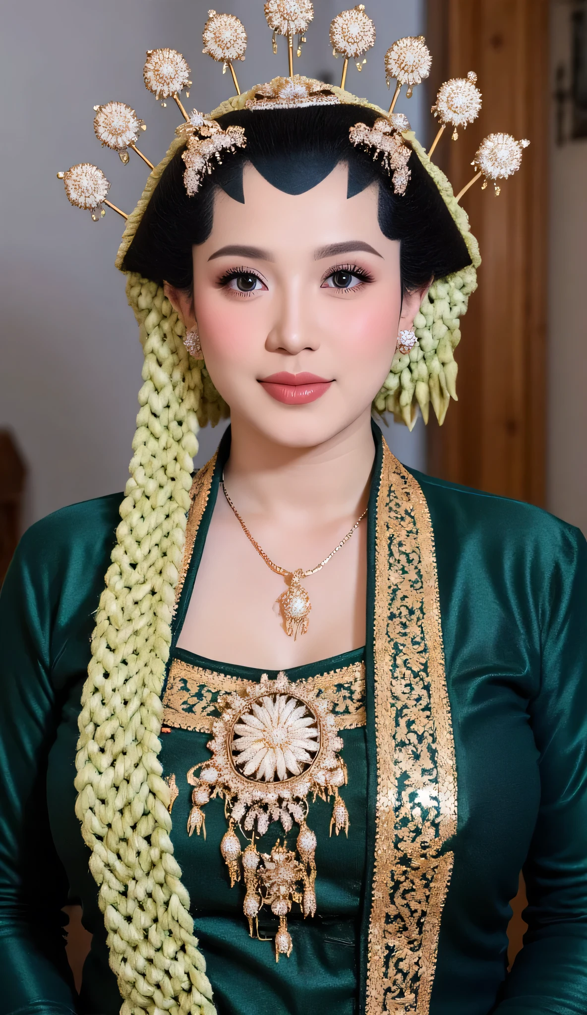 woman with her chin split in half in a green Javanese traditional kemben. Green Javanese traditional sarong. silver , cuffs, collar, gold crown on his head . in front of the camera . nice detail . And nice . °mix4 , 20d,hyper-realistic:1.37),16K HD, portraiture, hanging breast, shaggy breast, huge breast, wearing softlens, detailed face, wet lips, detailed make up, (wearing big green square diamond pendant necklace:1.3), background beach sore, clean skin no tattoes on her skin,