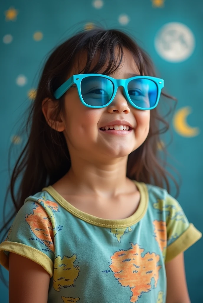 Menino 7 anos pele clara, cabelo curto, Rectangular orange and blue glasses