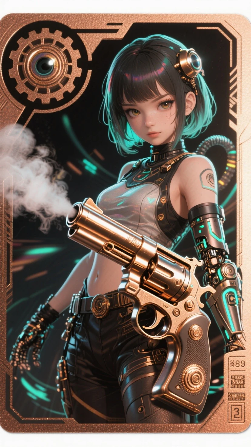 raw Photorealistic, sexy female cute face steampunk robot , pointing with (1 antique golden bronce chrome colt) , (dark steampunk City in background),clear sky cogart by art nouveau + daniel merriam + James jean, highly detailed technical, beautiful, gorgeous, dramatic lighting, golden ratio, Intricate details, 8K, ultra realistic, photography, RTX, light mode, octane render, morbide, HDR <lora:Mechacog:1> shapes are, perfect straight, perfect round, perfect elyptical, <lora:easynegative:1>