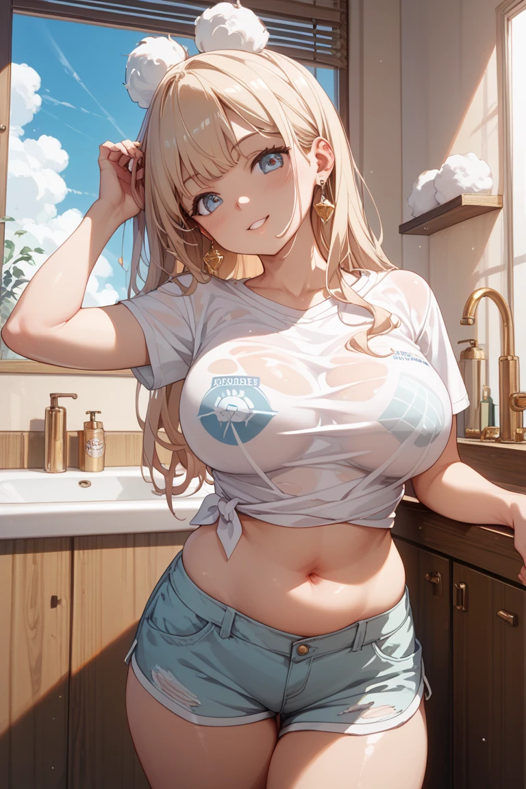 Beautiful anime art style,colorful digital fantasy art,Highres,Real person CG,cleavage, masterpiece, best quality,Outrageous resolution,top quality, 8 thousand,super detailed skin,sharp focus,depth of field,masterpiece,ultra-definition,4K+,8K+,Anime girl,2D,1 girl,solo, golden blonde hair, blue eyes,shiny blue eye, tan skin,shiny tan skin, gyaru, long hair,bob Haircut,scattered pink hair , curvy, very wide hips, large ass, narrow waist, thick thighs, very huge breasts, Wide collar, white crop top,blue Cropped leg pant,bare legs, flirty smile, navel piercing, navel, underboob,makeup, mascara, long eyelashes, necklace, earrings,Anatomically correct, A beautiful woman, 20th Generation, Beautiful breasts,huge breasts,big breasts, sexy body, body curve, slender body, upper body,distinct_image, highly detailed, semi realistic,beautiful anime style,focus face,focus body shape,detailed hands, detailed fingers,front view, looking at viewer, in house, in kitchen, during the day, sunlight,Sweaty shirt, sweaty skin, thin shirt, chest visible through tank top,hentai girl,sexy outfit,erotic atmosphere