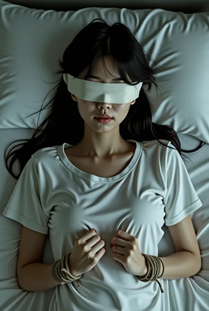 Japanese Girl、Blindfold、 analog film photo, (Create a realistic and photorealistic photo image)、whole body、White tank top、Dimly lit place、Sitting、blur, tint, depth,