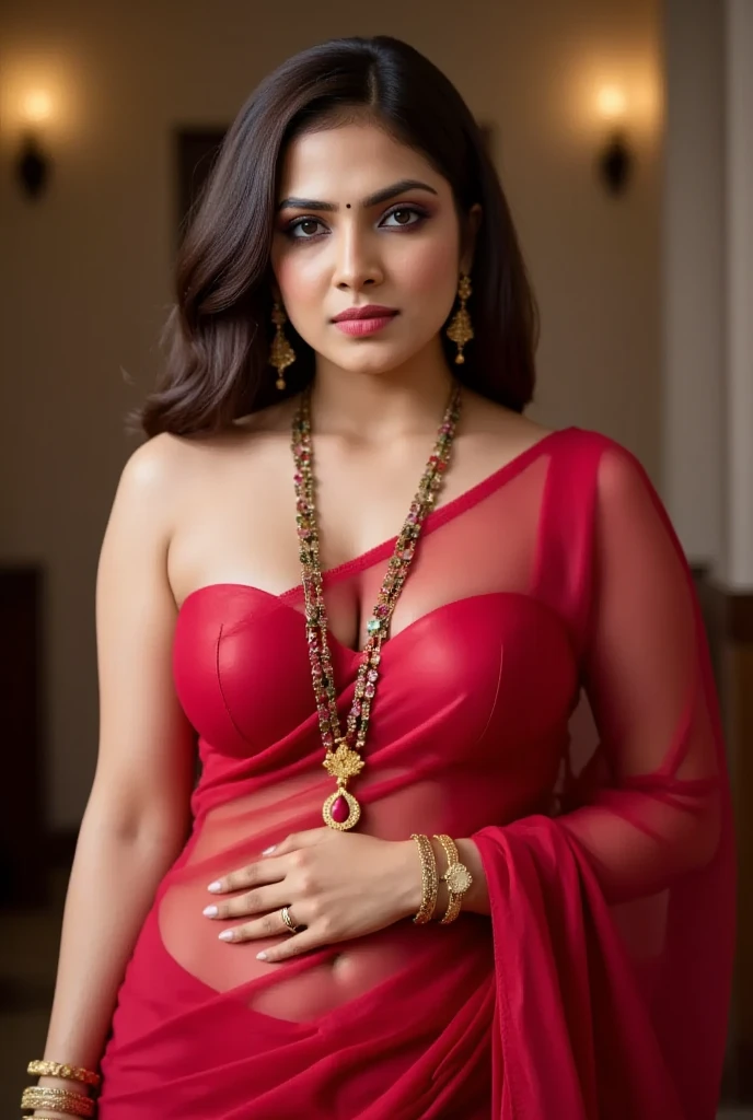 Full body photo of sexy mrunal thakur curvy, hourglass figure,  showing deep cleavage, mrunal is a  classroom teacher wearing bikini with red bindi and her hairs is braided