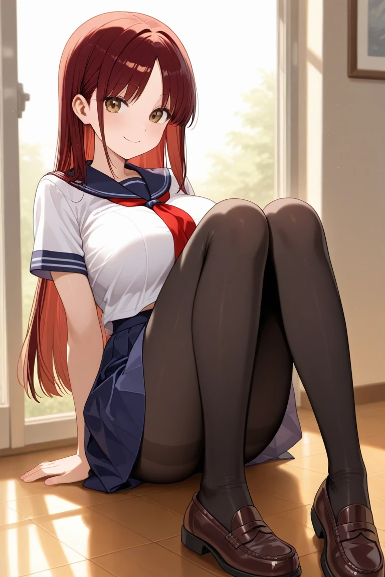 room, 1 Girl, Highest quality, Ultra-high resolution, Long Hair, Redhead, Green Eyes,Looking at the audience, Small breasts , smile, Open your mouth、(Navy blue cuffs and white short-sleeved gym uniform)、(Navy Blue Bloomers)、(
barefoot)、Navy blue socks、sports boots、Ground、Schoolyard、Sexy pose