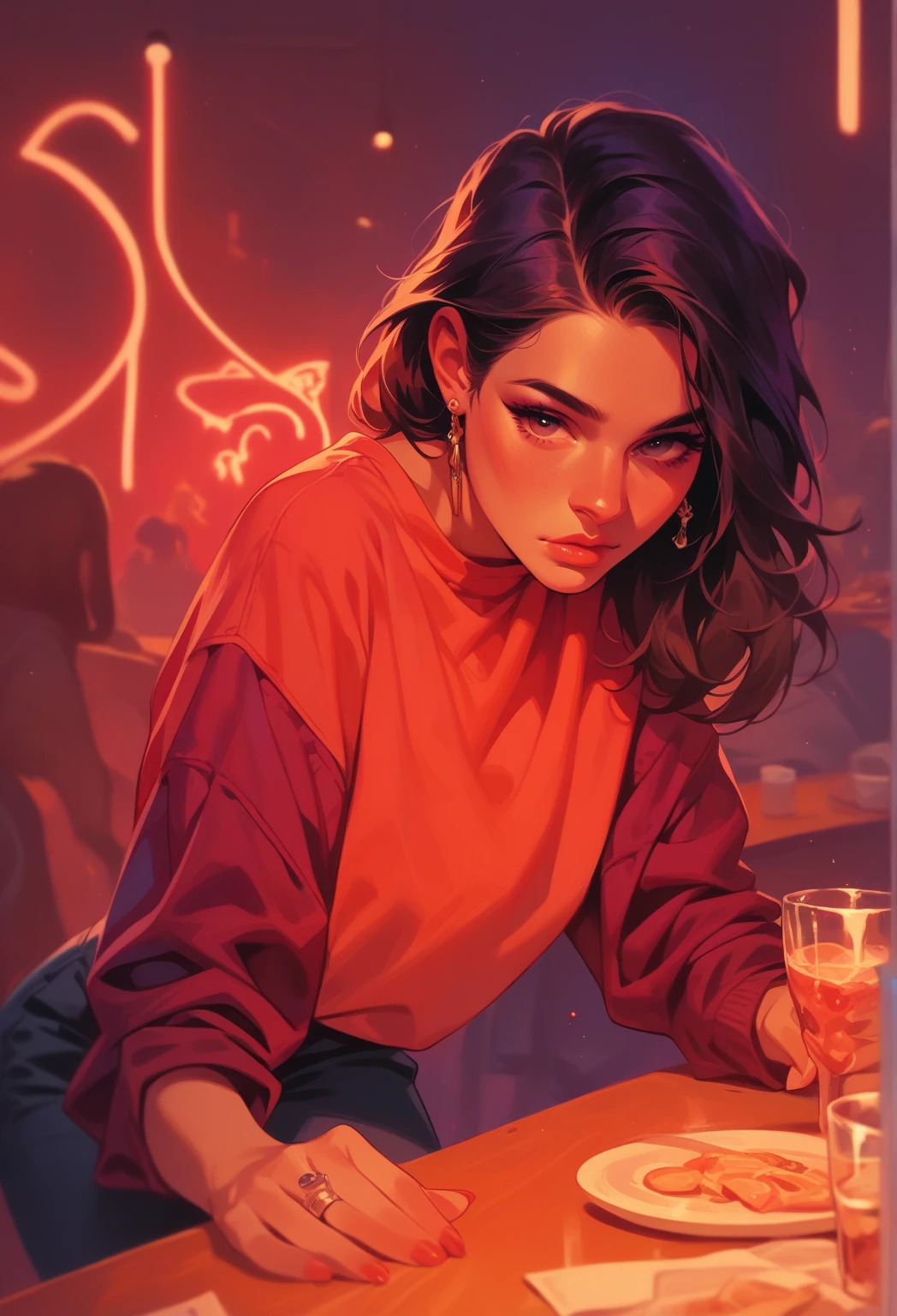 tall woman(brown eyes; long, straight black hair; large breasts; olive skin tone), Disney-style cgi, casual attire; standing in an apartment watching the rain on a neon-lit night megalopolis futuristic; dystopian; cyberpunk; best quality; trending on artstation; complex volumetric lighting; holding wine