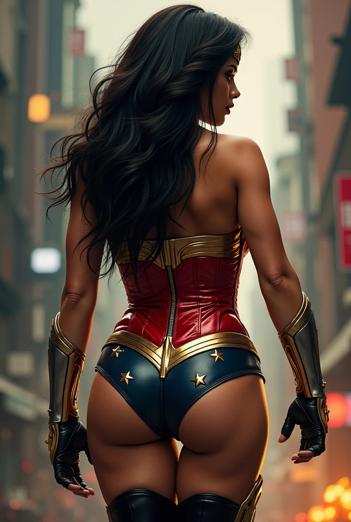 (masterpiece, highest quality),1girl ,{{depth of field}}, hyper detail, 1woman, (Victoria's Secret model Wonder Woman), Wonder Woman, full body, (full body photo: 1.5), from behind, back view, (from behind: 1.5), single, (intricate detail, makeup), (delicate and beautiful delicate face, delicate and beautiful delicate eyes, perfectly proportioned face), high detail skin, delicate skin, (delicate and radiant skin: 1.2), strong and realistic blue eyes, realistic black hair, lips, makeup, natural skin texture,  Tiara, jewelry, star \(symbol\), leotard, bulletproof gauntlet, red knee-high boots, golden belt, (public attire: 1.5), bare shoulders, slightly sunburned, mature, sexy, elastic muscles, (muscle:1.2), (((strong and healthy body)), ((((more muscles))), wet body, wet hair, wet face, long legs, curved, thick thighs, wide buttocks, thin legs, (big breasts: 1.3), thin waist, soft waist,  (delicate skin), (wet body: 1.0), (beautiful and sexy woman), (swollen lips: 0.9), (eyelashes: 1.2), very delicate muscle definition, breasts, solo, split, pretty face, perfect body, muscular, detailed face, realistic skin details, clear focus, realistic face, realistic skin, detailed eyes, detailed facial features, mature woman, high detail, controlled by local gangs armed with hacked police weapons such as LED panel lights, machine guns, taser shotguns, The highly detailed, flooded basement is arranged in a square shape to mimic the existing internal fixtures,  ((highest quality)), ((masterpiece)), ((realistic)), (detailed), backlighting, reflection light, complex and highly detailed, sharp focus, partially underwater shots,