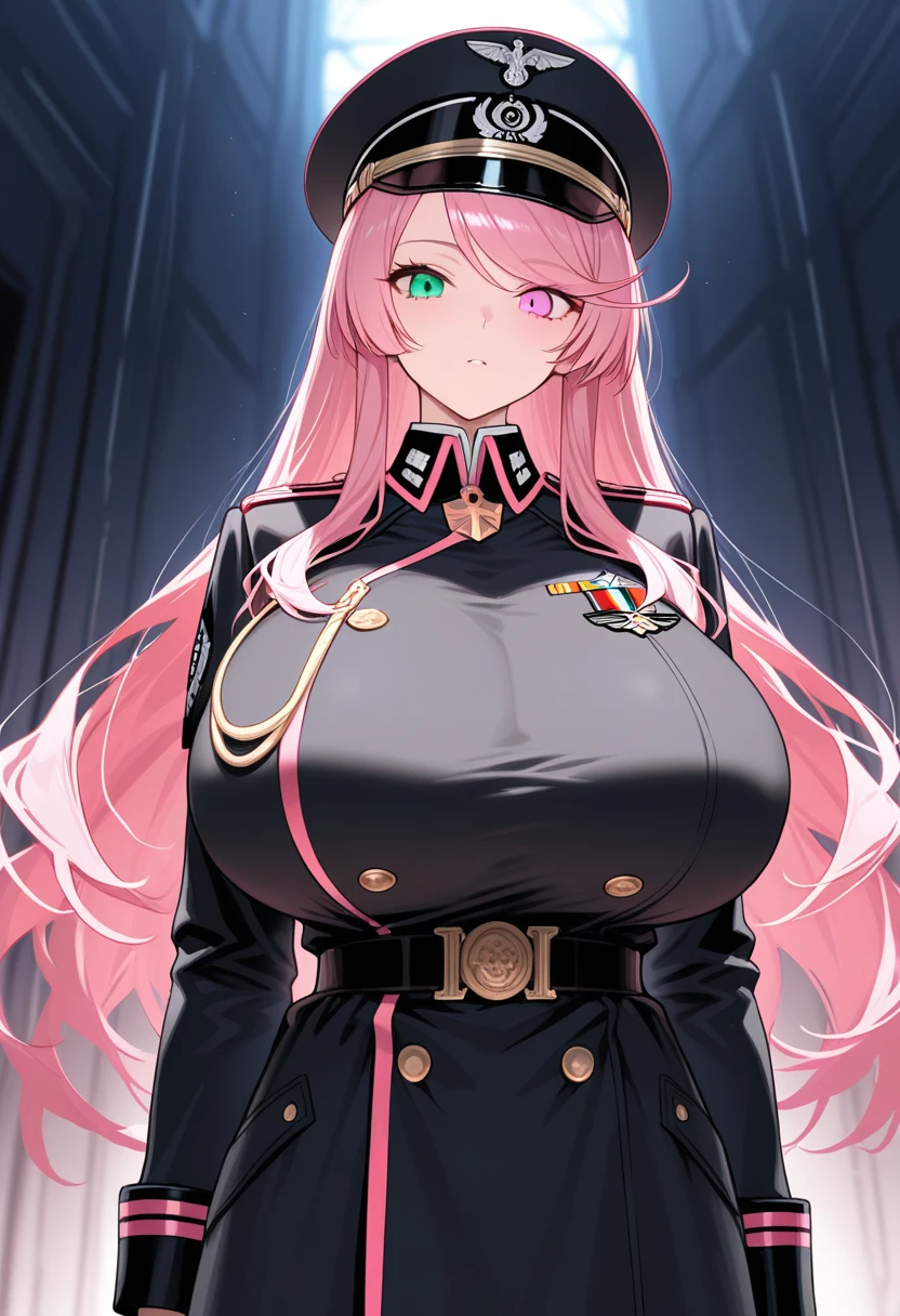 Score_9, score_8_up, score_7_up, score_6_up, source_anime, rating:questionable, gyaru, dark skin, metalic tan, slutty_clothes, expressiveh, aru_\(blue_archive\), pink hair, horns, halo, blunt bangs, long hair, salute, gold earrings, too many accessories, white shirt, lace trimmed bra, huge breasts, cleavage, jewelry, military cap, military uniform, epaulette, jacket, harness, thigh strap, black thigh boots, layered skirt, miniskirt, dark theme, dark persona, skindentation, wide hips
