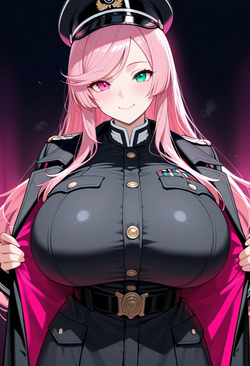 score_9, score_8_up, score_7_up,
1girl, k4w4h4g1t31, pink hair, blue eyes, pink eyebrows, long hair, blue hairband, narrowed eyes, naughty face, blush, face focus, cleavage, huge breast, tongue out, salute, hand on hip, gold earrings, large breasts, jewelry, military cap, (military uniform), (epaulette), jacket, harness, thigh strap, black thigh boots, (pencil skirt), miniskirt,