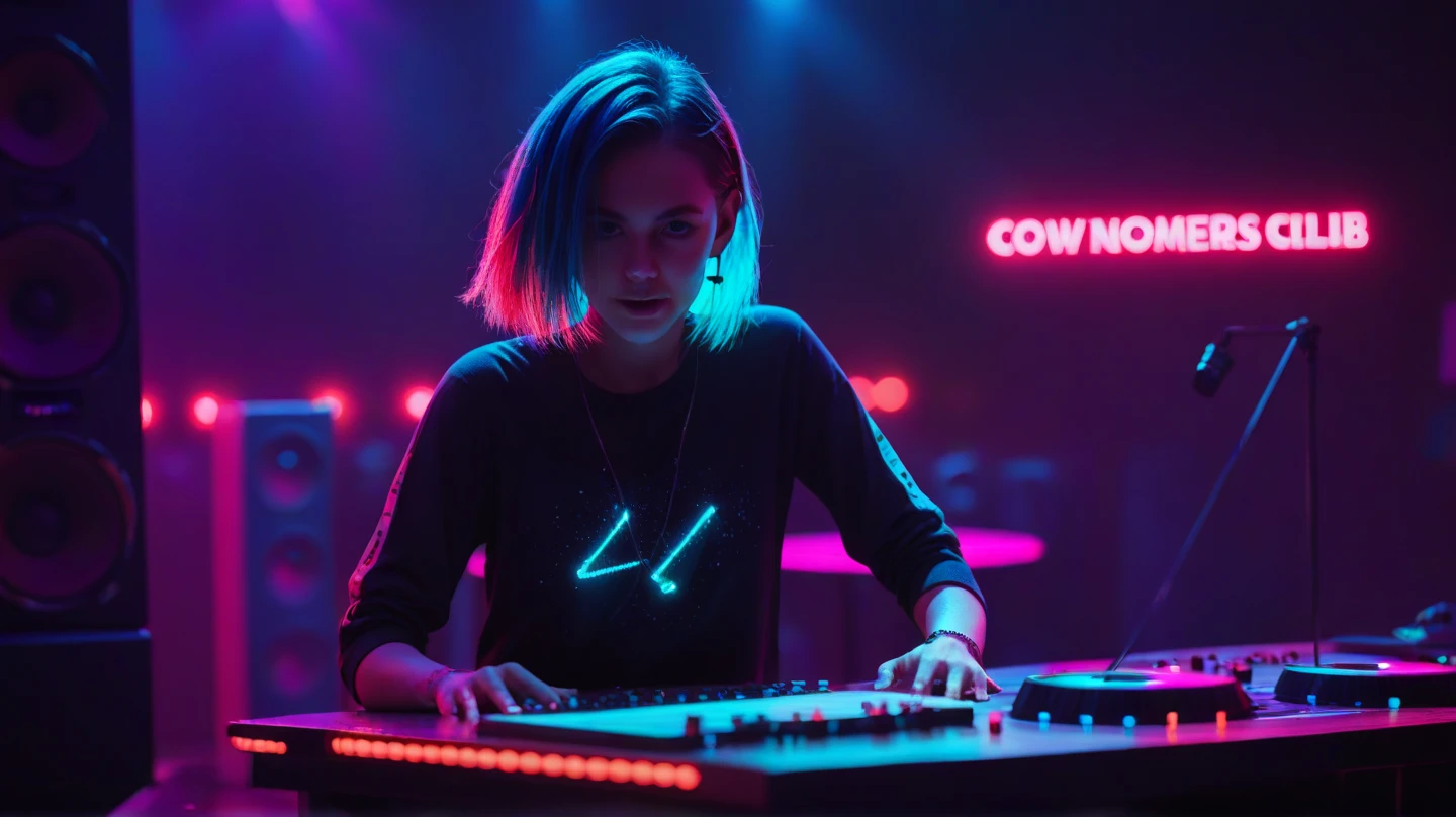 Woman, 20 Years Old, Nordic Ethnicity, short blue hair with a perfect face and light freckles, Blue-Green Eyes, sitting at a sleek, modern music studio setup late at night. She is wearing a stylish, slightly revealing outfit, a cup of coffee on the desk beside her. The lighting is dim and moody, with soft blue and purple neon lights casting gentle shadows, creating an intimate atmosphere. The scene captures her deeply focused on the music, with her fingers lightly resting on a keyboard, surrounded by studio equipment. The background shows a large monitor displaying music production software, with soft light emanating from the screen. The overall mood is creative, intimate, and immersive. ((Color palette - turquoise, neoen green, neon pink))