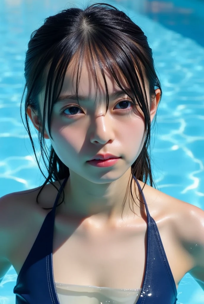 (((masterpiece))), (One beautiful Japan girl, Pure and innocent,kawaii) ,超A high resolution, Realistic, ultra-detailliert, 8K,top-quality, Extremely detailed, A slender,very beautiful japanese girl, Detailed face:1.3), (Boyish short-haired,A dark-haired :1.4), (a baby face,kawaii系,adorable 14 year old girl), (Perfect body:1.1), (cute ruffled swimsuit), Bruising and ugly expression,Super Detailed Face、Detailed lips、A detailed eye、small gravure idol,Transparent skin、Lori,in a pool、wet face,a wet body,strong rays of the summer sun,sexy pose,Beautiful collarbone,beautiful thigh