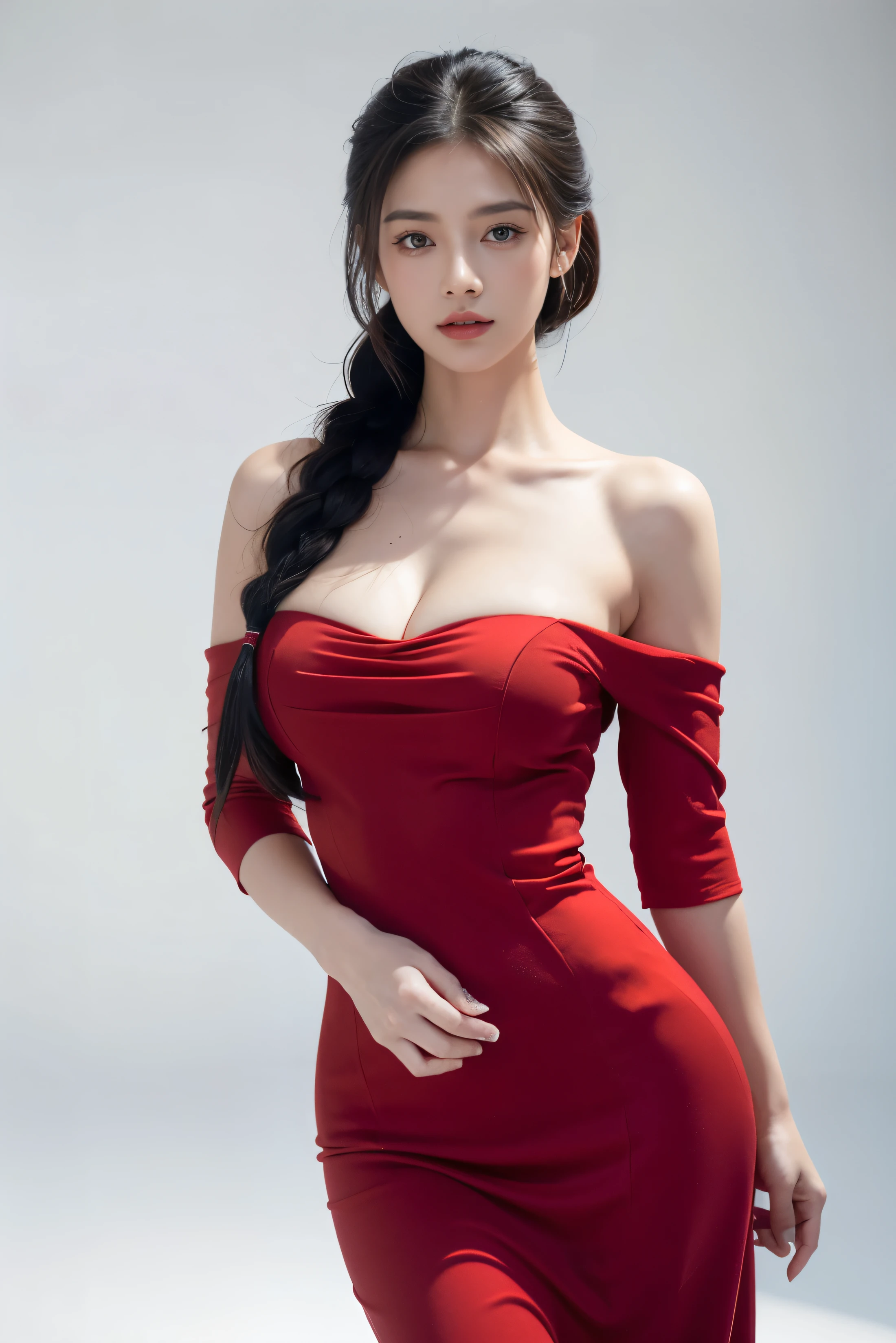 masterpiece,best quality,high resolution,8K,20 year old girl,single braid,(black hair),Full breasts,cleveage,Elegance and nobility,Serious and indifferent,Rich details,Clean background,mulatto,Sexy look,big eyes,(Standing),Sexy pose,Center the character,(Red dress),White background