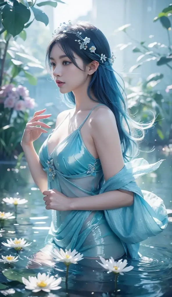 The most beautiful Thai women with very white skin. Long straight blue-white hair Wear a beautiful gauze dress.. , transparent flower, Standing against a tree in the middle of a stream, beautiful and exquisite, Full of flowers, Transparent fabric, There were red-blue-yellow sparks floating everywhere..... Wet Transparent fabric flower petals floated on the surface of the water, elf, floating luminous crystal elf. , The sharpest oil paintings, Best digital drawings 18k, portrait, Depth of Field, 3D anime style