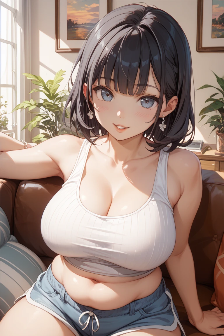 (.RAW, Analogue, Nikon Z 14mm ultra wide angle lens, award winning glamour photograph, ((Best Quality)), ((Masterpiece)), ((Realistic)), pores skin, subsurface scattering, Radiant light rays, Hi-Res, detailed facial features, highly detail, sharp focus, downy, aesthetic, A highly detailed, (highly detailed eyes, Highly detailed iris), Extremely Detailed Hair, very detailed skin, Highly detailed clothing, octane render, Realistic Photos, Realistic, Post Processing, max detail, realistic shadows, roughness, natural skin texture, real life, extremely realistic, photorealestic, photography, 8K UHD, photography, hdr, complex, stylish, A highly detailed, sharp focus, stunning, A beautiful, superb), (Masterpiece:1.2, Best Quality1:1, A highly detailed:1.2, best shadow, 8K:1.1), (Huge city:1.3, rooftop:1.1, City structures below, Handrails), (Contrasting background, Bright background), (Beautiful detailed face), high contrast, (perfect illumination:1.2, Beautiful color, Delicate color), ((cinematic light)), Colored, hyper details, dramatic light, complex details, (1girll, solo, Full body, brown hair, smiling face, short hair hair, wavy hair:1.1, eyes blue, dynamic angle, White Tank Top, POV opens legs, cowboy shot, Arms Down), Depth-of-field