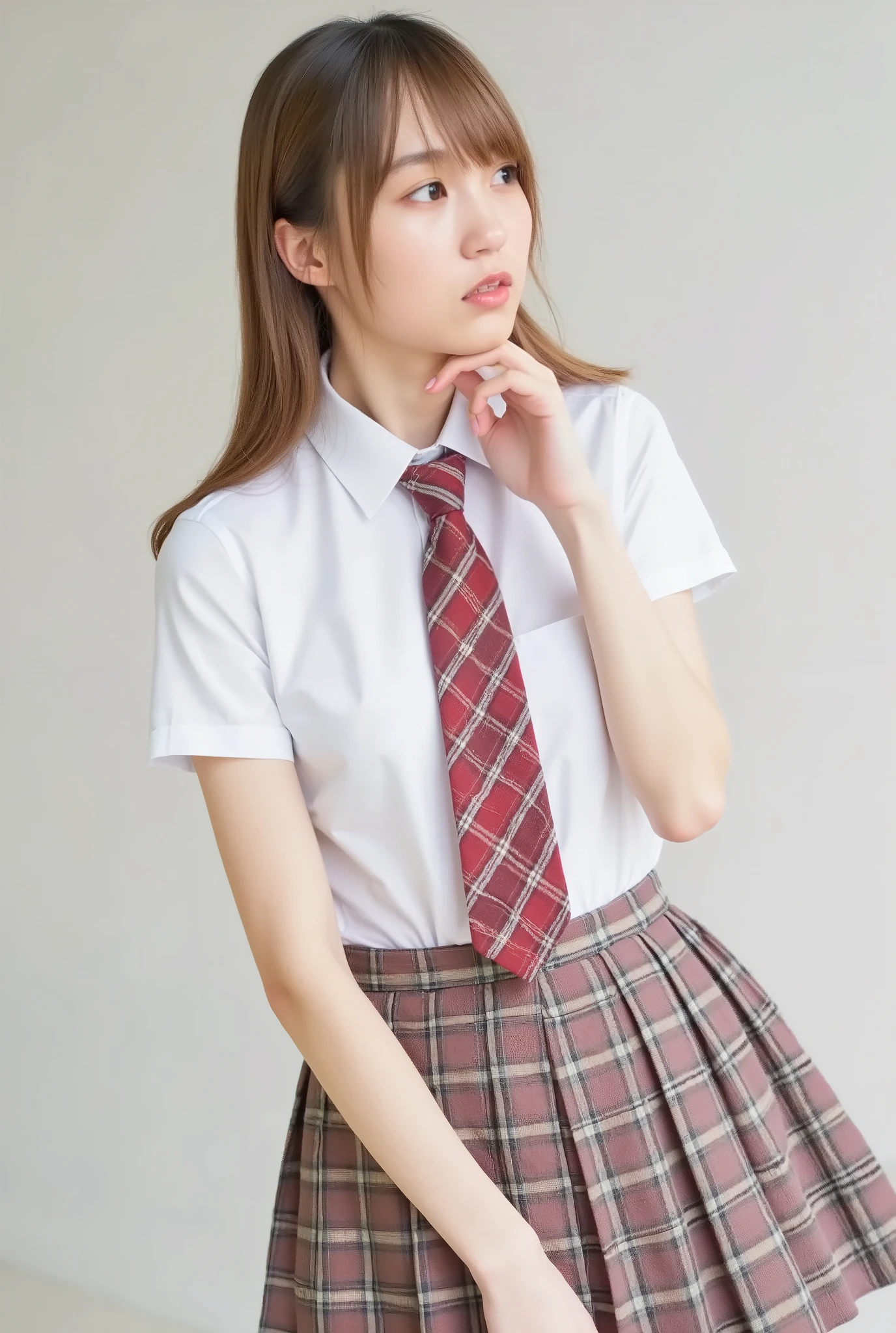 (masterpiece, best quality:1.2), beautiful Japanese girls, Light Blonde Long Disheveled Hair, very detailed, naturally beautiful breasts that exist, high resolution, 1 girl, ((school uniforms)), Loosen Your Tie, photo studio, seductive pose
