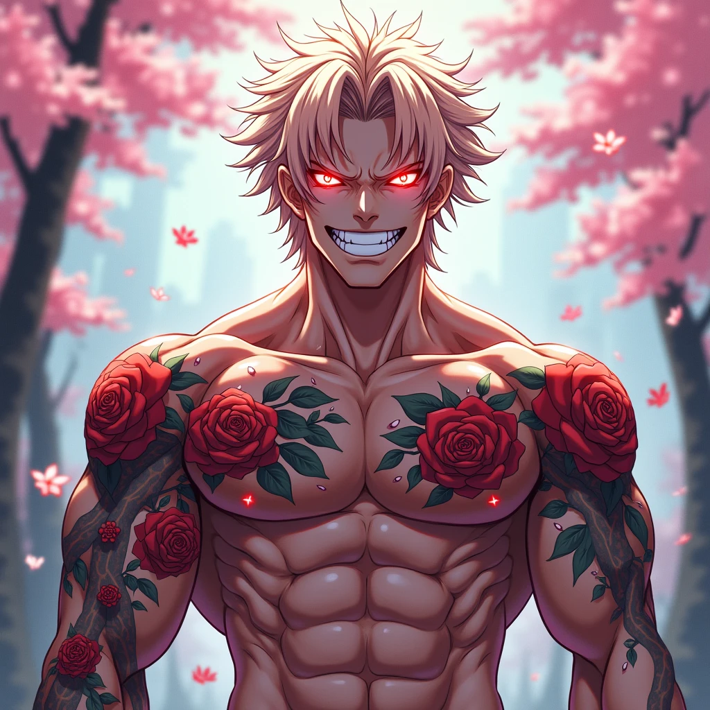 absurdres, highres, ultra detailed, HDR, masterpiece, extremely detailed face and eyes, Monkey D Luffy, black hair, expressive brown eyes, One Piece, solo, sexy man, handsome, toned chest, red shirt, handsome, pink butterflies, pink petals, pink flowers