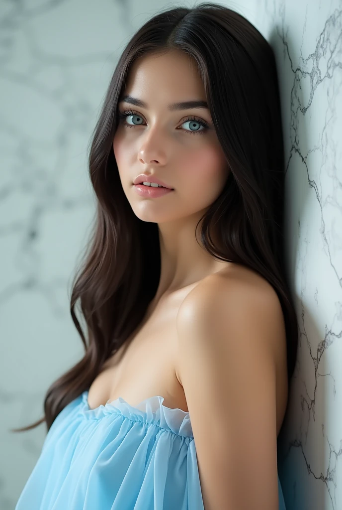 A beautiful and beautiful young princess with black hair with blue eyes, she is wearing her beautiful long white dress