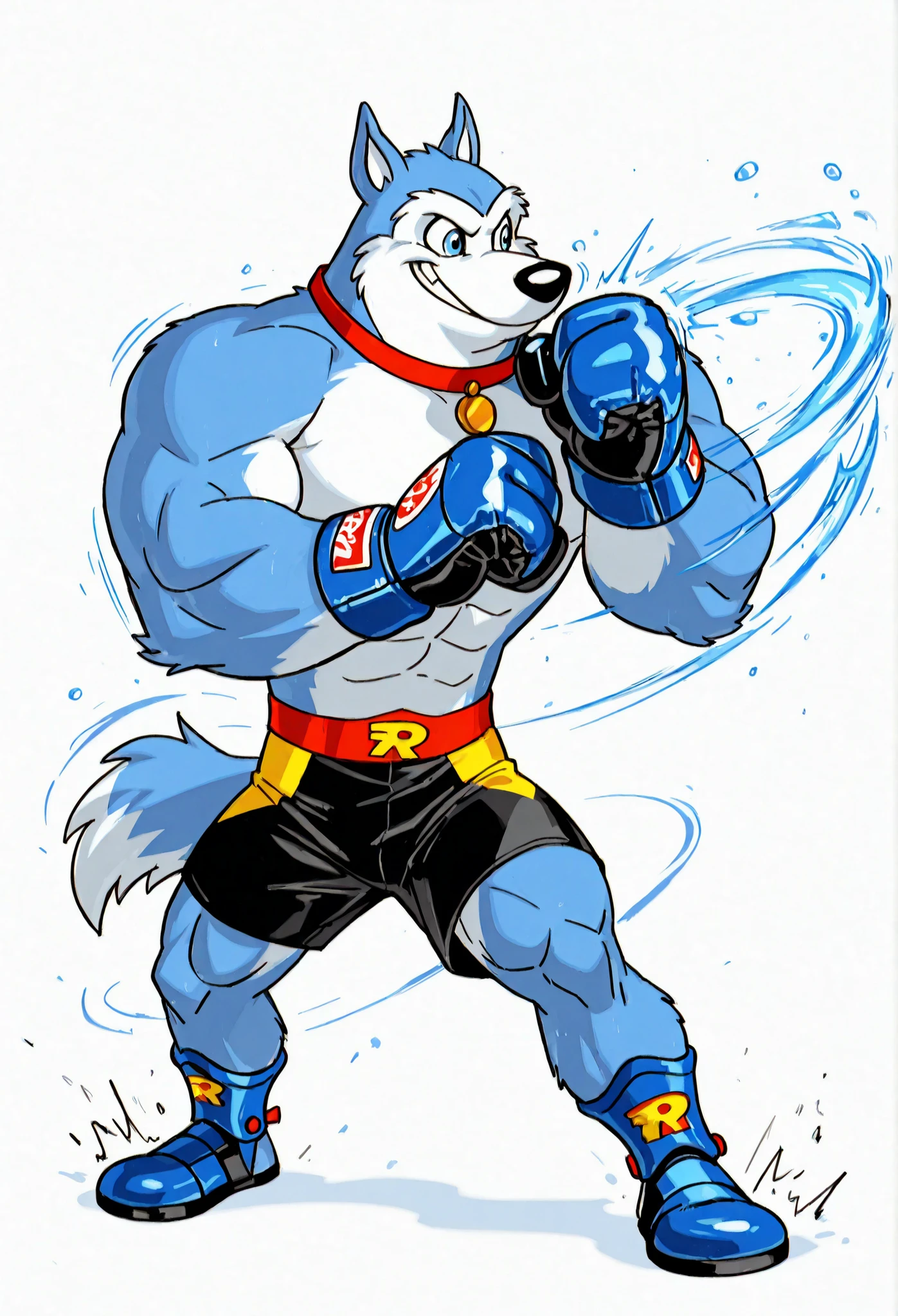Exile (Road Rovers), high quality, blue fur, white fur, anthro dog, solo, male, full body, red collar, blue eyes, smile, high quality, best resolution, shirtless, MMA Gloves with blue knuckle pads, Black MMA shorts with blue lines slits, ankle support brace, white background, simple background, workout, punching, thick arms, wide stance