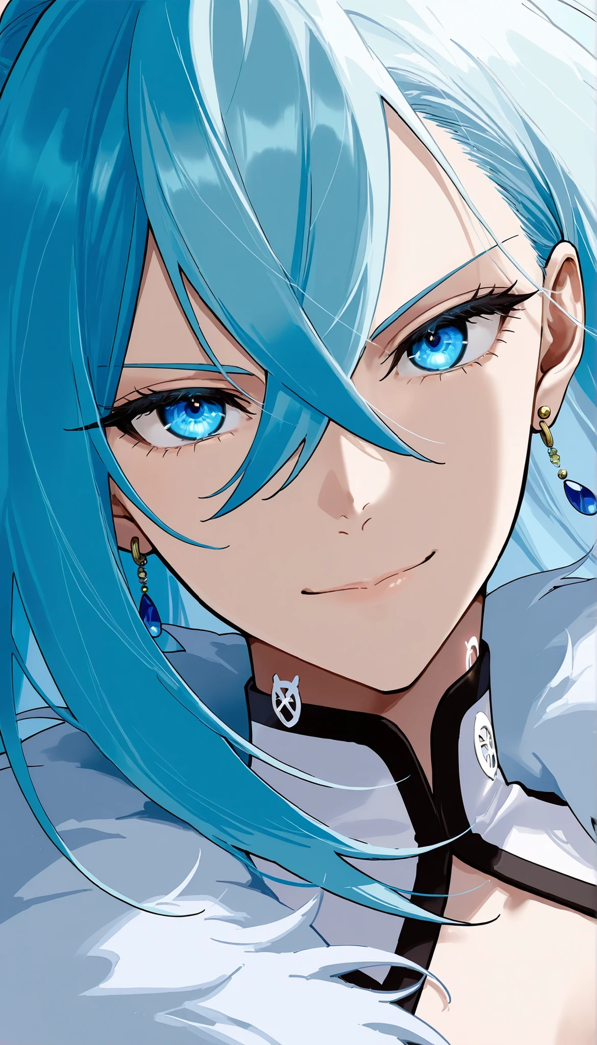 score_9,score_8_up,score_7_up,1girl,solo,vivydiva,serene expression,portrait,white symbol on neck,jewelry,earrings,dynamic angle, dynamic pose, smile, vivy fluorite eye's song, light blue hair