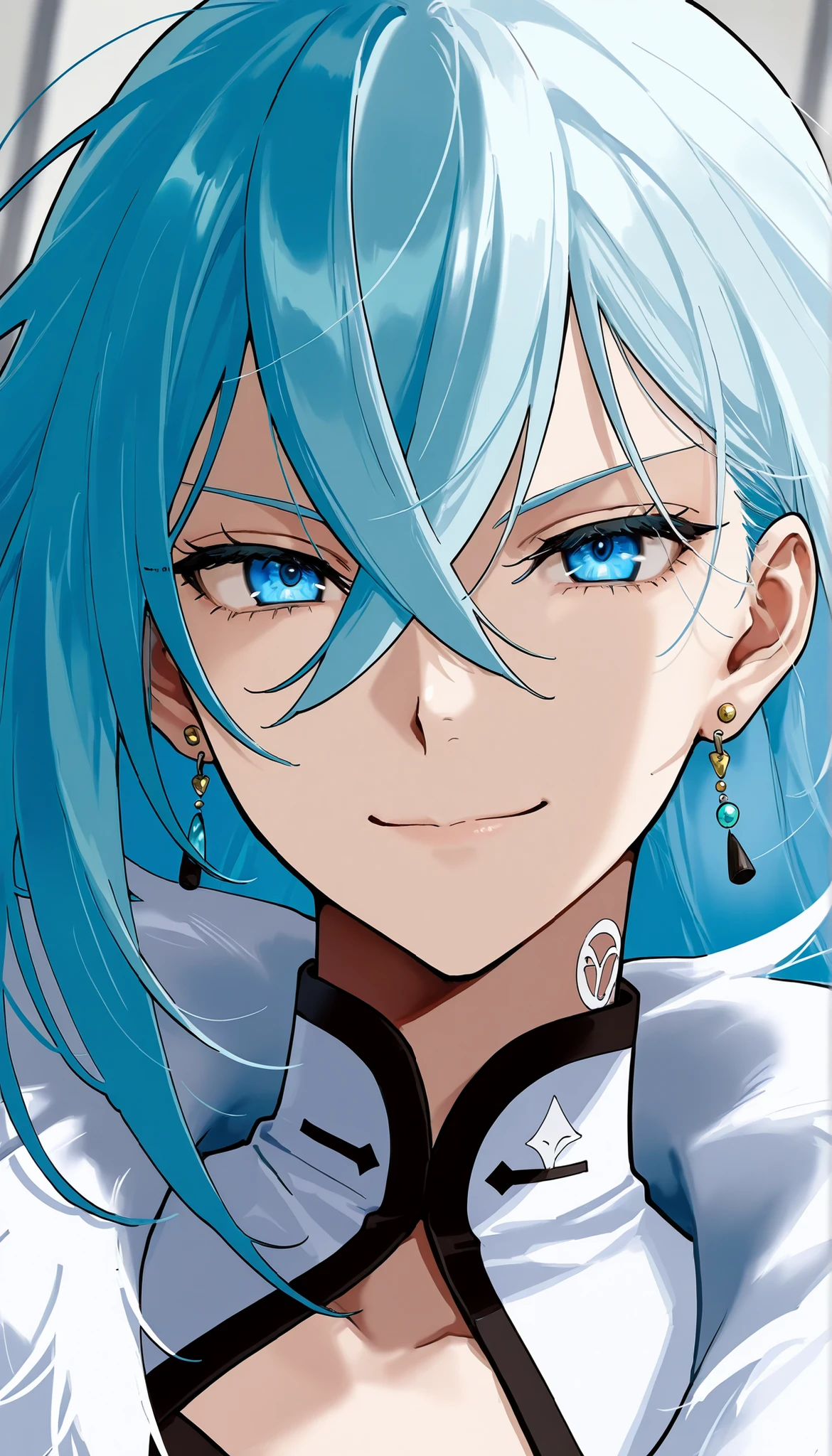 score_9,score_8_up,score_7_up,1girl,solo,vivydiva,serene expression,portrait,white symbol on neck,jewelry,earrings,dynamic angle, dynamic pose, smile, vivy fluorite eye's song, light blue hair