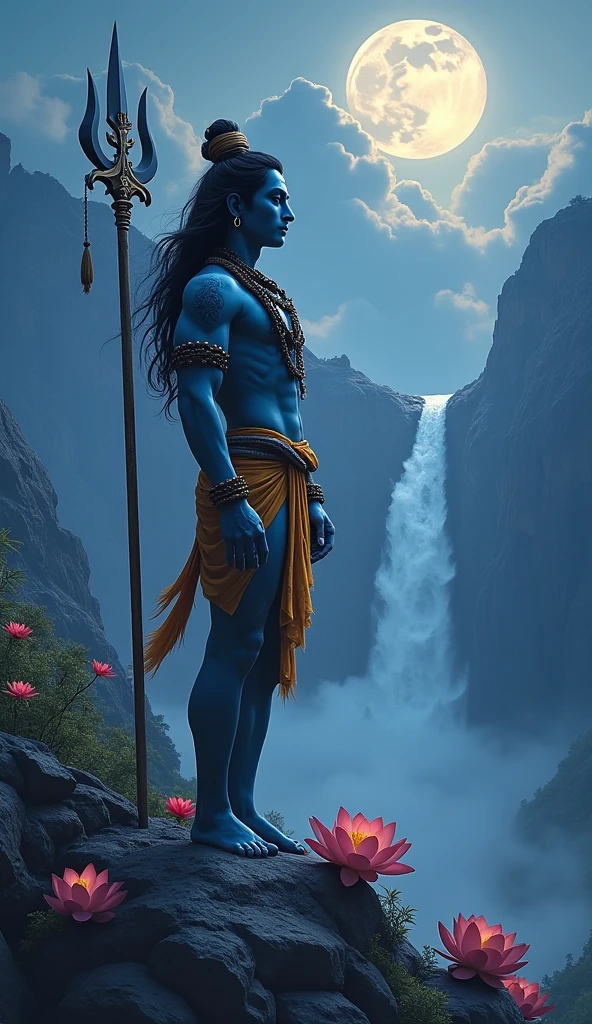Generate an image of beautiful and muscular lord Siva pouring water from his kamandal on the sivling with love and the background of mountain and dark forest with lots of cosmic energy