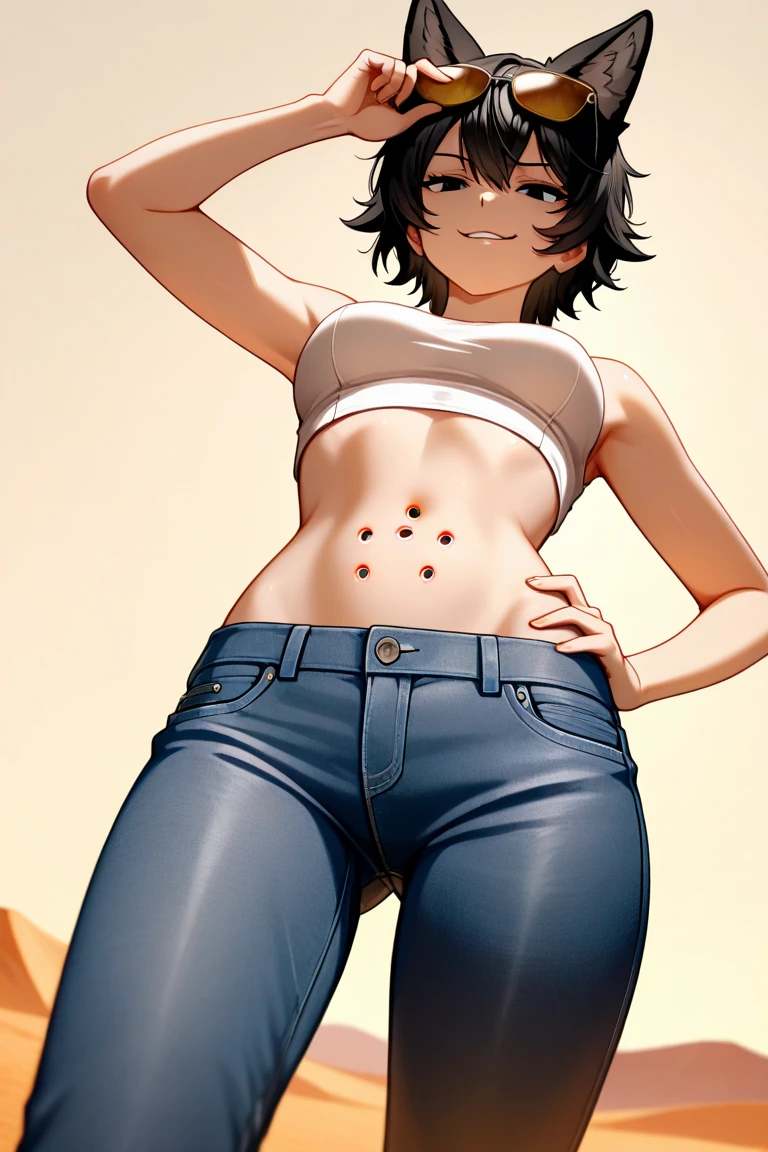 A young, confident US girl standing against a plain white wall, showcasing her long, lean legs. She has semi-black hair that cascades down to her shoulders, framing her delicate face. Her skin is flawlessly white, contrasting beautifully with her dark hair. She's dressed in a trendy ensemble that accentuates her figure: an extra short pair of jeans hugs her hips and thighs, while a white, extra short top reveals her toned midriff and flat stomach. The top's short sleeves end just below her shoulders, leaving her arms bare. Her arms are toned and free of hair, further emphasizing her youth and athleticism. The girl has a carefree, playful expression on her face, as if she's enjoying being photographed. The image is expertly lit, casting a warm, flattering glow on her skin and accentuating her features. The focus is entirely on the girl, drawing the viewer's eye to her striking beauty and impeccable style.
