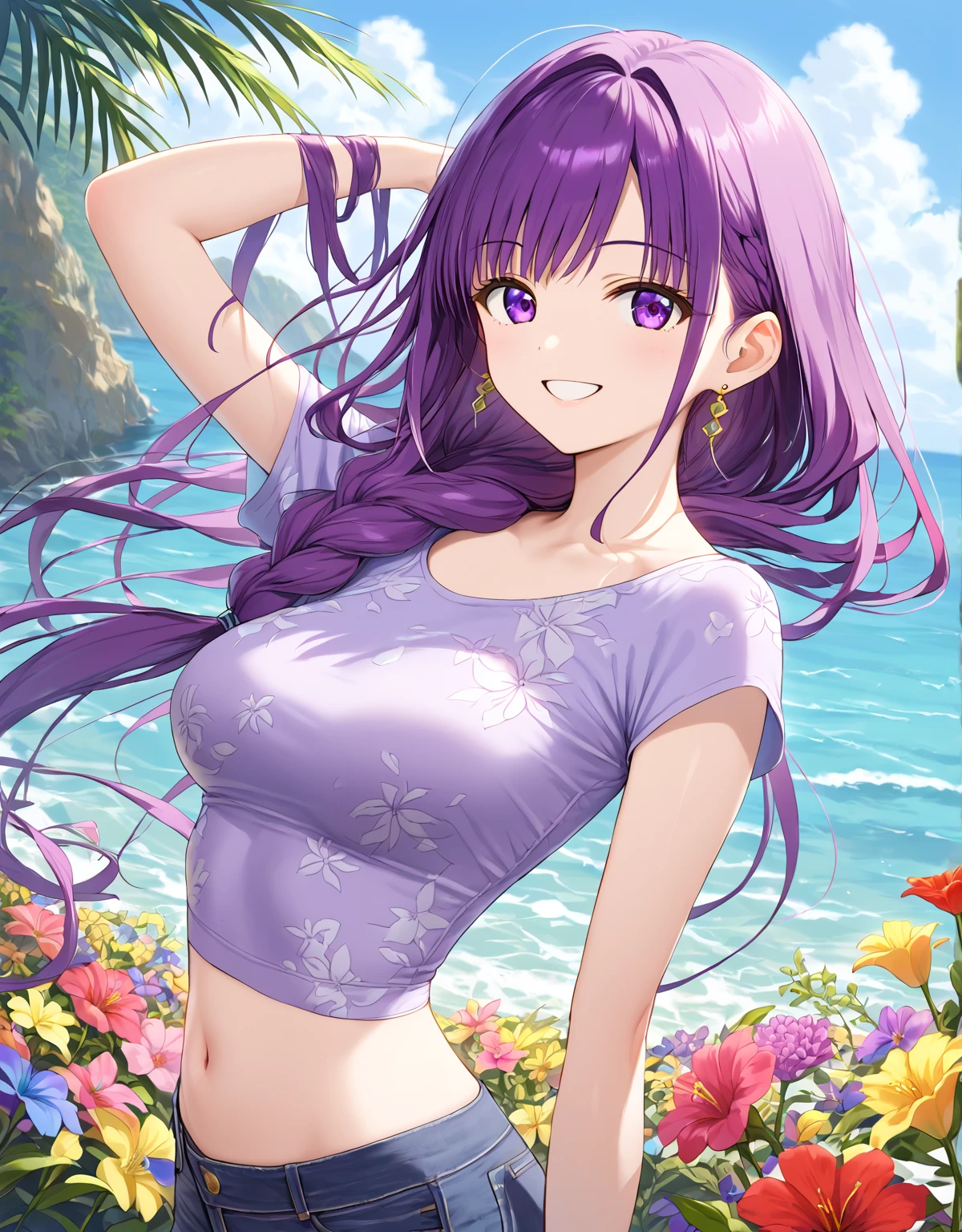 masterpiece, High resolution, Highest quality, Very detailed, Pink Eyes, Beautiful woman, Purple Dress, Beach, Long Hair, race,((masterpiece)),((Ayako Katagiri)),((Katagiri Ayako)),((Mischievous Smile)),Anatomically perfect fingers