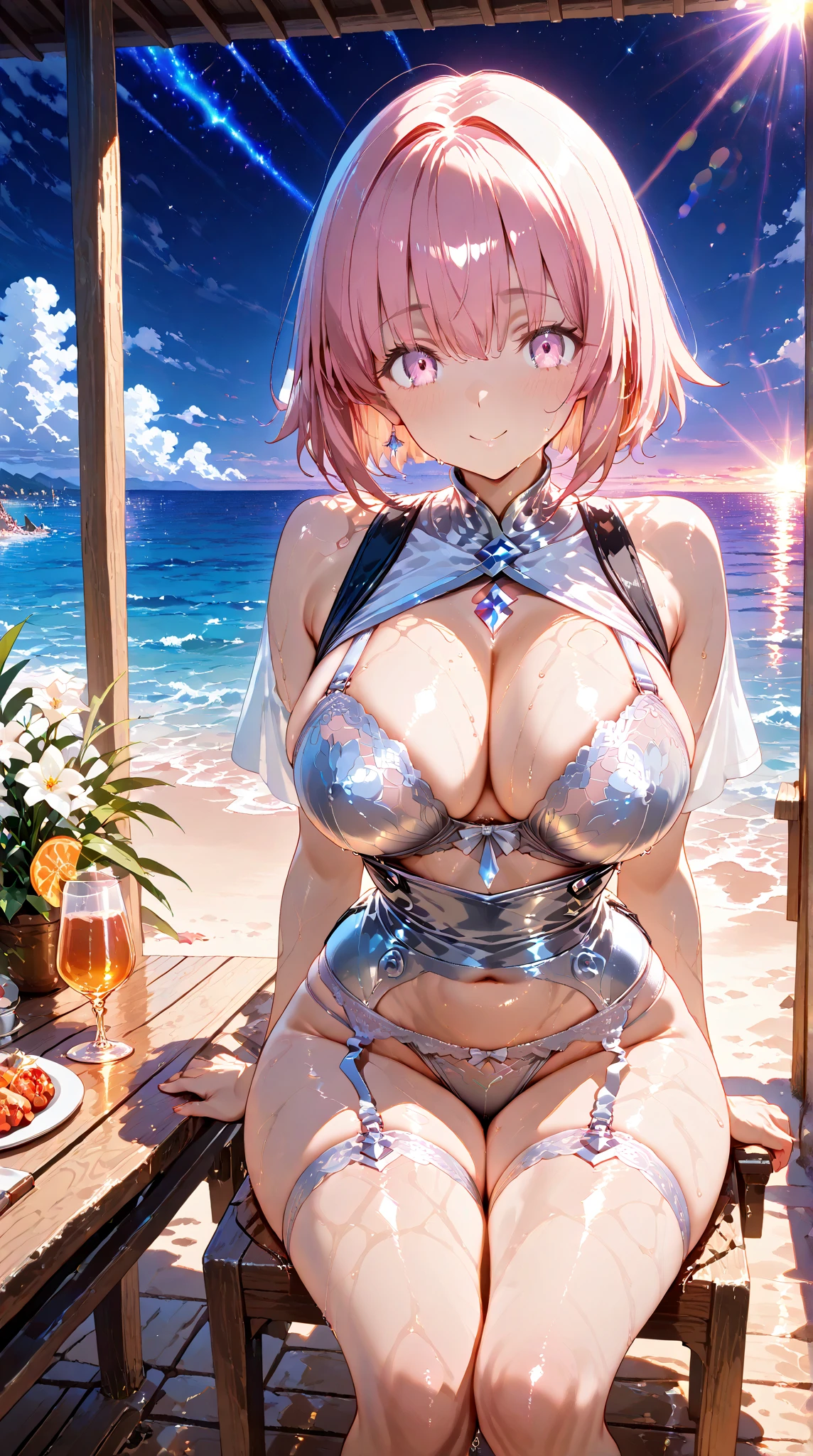 ((masterpiece, ultra high quality, high resolution, ultra high definition 8K quality)), one girl, beautiful and detailed perfect face, perfect and incomparably beautiful body, curvaceous body, but slender body, beautiful and perfect eyes, very long eyelashes, bright and beautiful youthful face, shiny white skin, most beautiful skin, shiny pink lips, (((the most beautiful bright silver short hair in the world, blunt bangs))), shiny beautiful bangs, shiny clear big red eyes, very beautiful and adorable 17-year-old most beautiful girl in the world, (((big and ample breasts))), (((beautiful smile))), sexually excited expression, ((image from the knees up)), (((sexy shiny silver bikini))), (((cute flower hair accessories, cute design earrings, necklace, bracelet, ring))), (((clear beautiful skin))), (((beautiful smile))), summer beach background