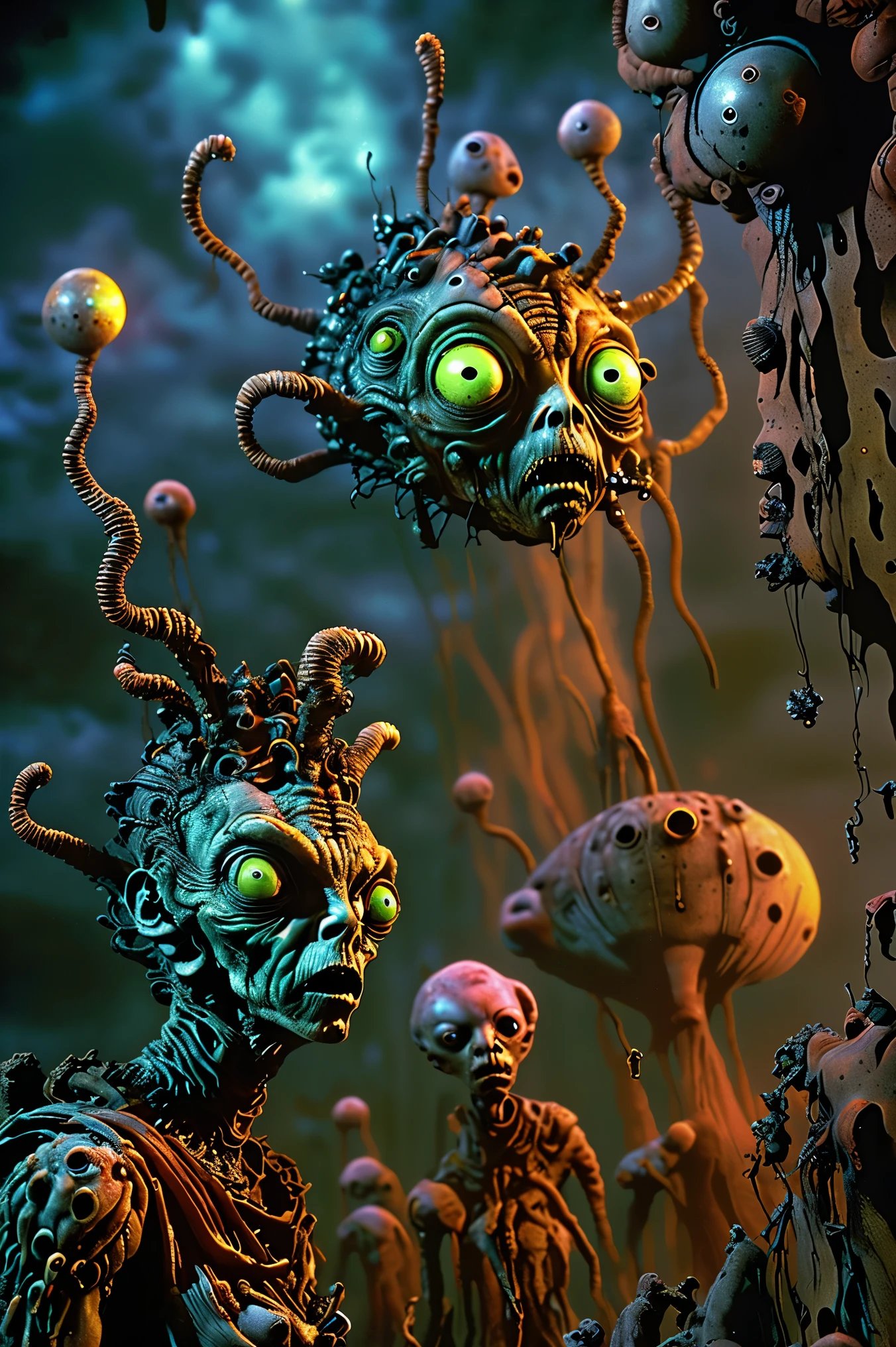 Faces grow wherever they can, organic creatures search for food and blood, hyperrealistic, not ultra materialistic, unless the material is someone to devour, sharp teeth and watchful eyes, SPY and NOT ART are both SATAN. Intricate hyper-detailed portrait, highly realistic, masterpiece, 8k, physically-based rendering, sharp focus, vivid colors, dark fantasy, gothic, moody lighting, dramatic atmosphere, decaying nature, twisted organic forms, ominous colors, haunting mood, sinister undertones, surreal details, grotesque yet beautiful.Haunting apocalyptic landscape,strange creatires,graveyard,haunted forest,mist,horror,spooky atmosphere,creepy,gothic,moody,dramatic lighting,cinematic,masterpiece,8K,highly detailed,photorealistic,professional movie quality,
Cinematography, full focus, highest quality images,
Ultra-detailed, realistic, hyperrealistic Show these creatures with more clearly defined faces and enhance whatever kind of mutated bodies they may have. Clear up any blurry parts, and set some kind of final background in place. Full focus! No blurred images, color correction. horror scene, ghostly apparitions, grim atmosphere, decaying ruins, ominous skies, haunting moonlight, detailed ghastly figures, photorealisticdetailed, fantasy horror scene,ghostly apparitions,grim atmosphere,decaying ruins,ominous skies,haunting moonlight,detailed ghastly figures,8K,HDR,ultra-detailed,physically-based rendering,professional,vivid colors,
Brighr vibrant colors,dramatic lightingCreatures' faces appear everywhere,
Claymation impregnation,
Apocalyptic nation,
Creepy crawler infestation
Ultra-detailed, ultra-realistic, photo-realistic, cinematic lighting, cinematic portrait, portrait photography