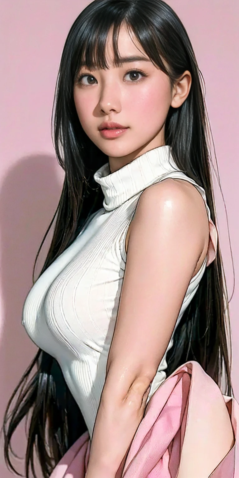(detailed face),(crotch),normal breasts,pretty,sleeveless and turtle neck white clothes,stairs,4k ,super high resolution ,(photo-realistic: 1.7),white background,long hair,