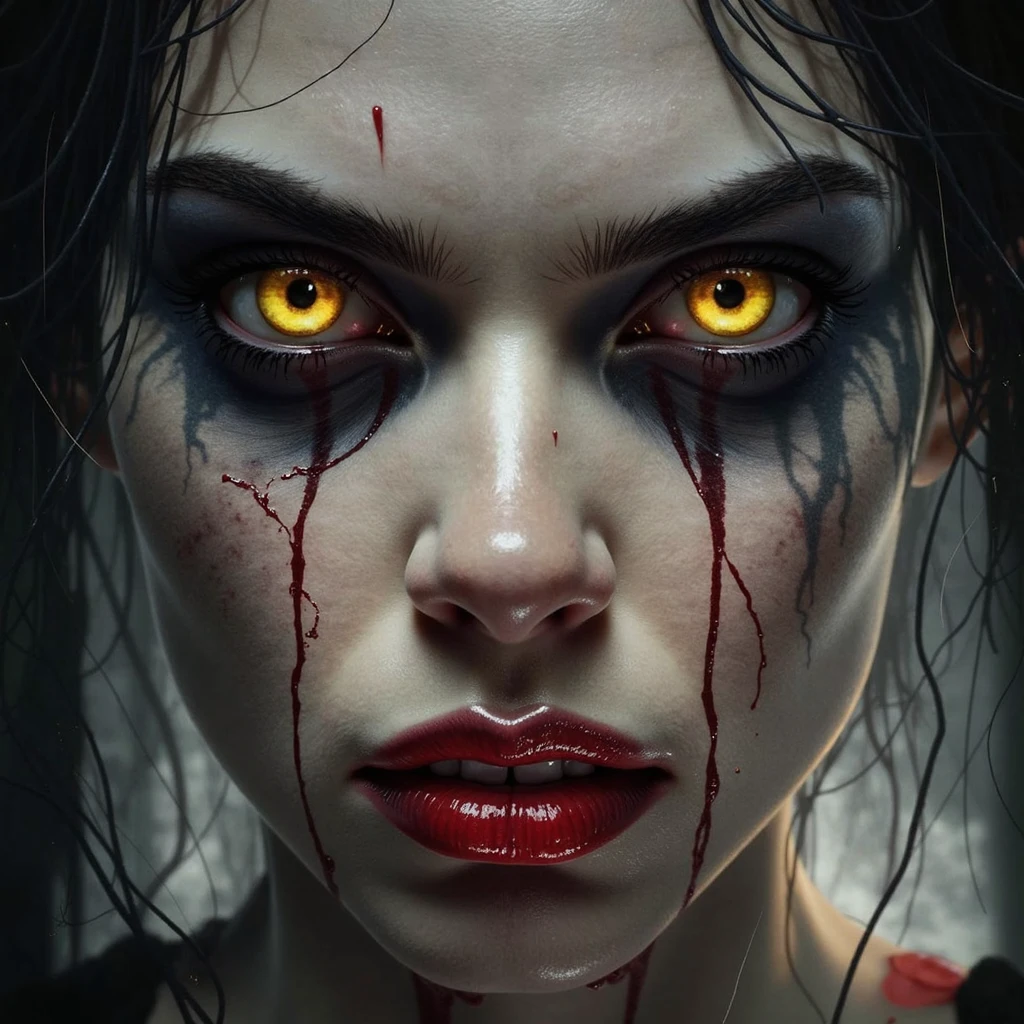 The woman of Araved,With long fangs,His face was covered in blood,There is a cross on the forehead, detailed 4k horror artwork, intense demonic look in the eyes, photorealistic dark concept art, dark fantasy mixed with realism, dark fantasy horror art, dark but detailed digital art, dark fantasy portrait, fantasy horror art, horror fantasy art, evil look, Evil appearance。