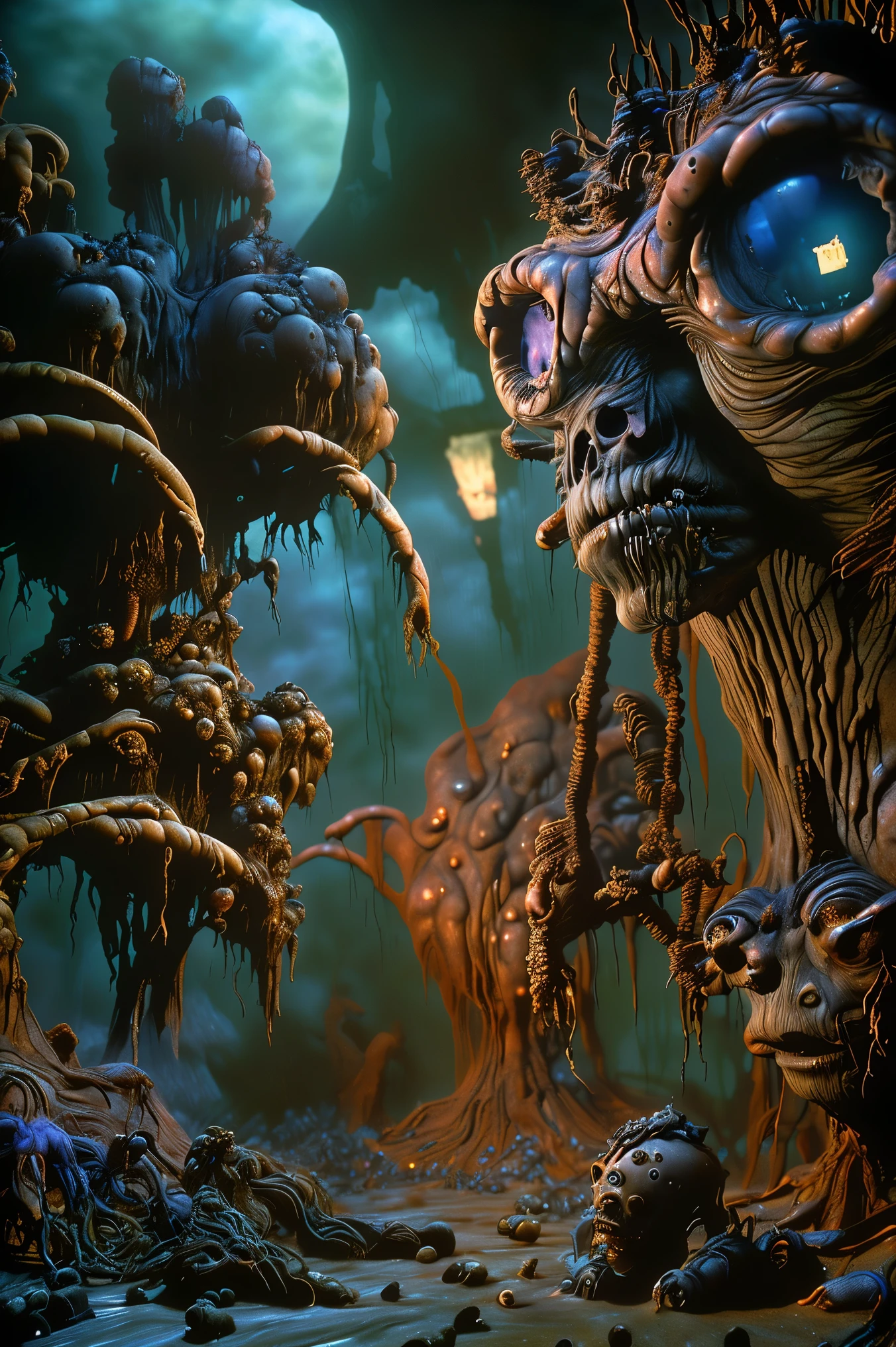 Faces grow wherever they can, organic creatures search for food and blood, hyperrealistic, not ultra materialistic, unless the material is someone to devour, sharp teeth and watchful eyes, SPY and NOT ART are both SATAN. Intricate hyper-detailed portrait, highly realistic, masterpiece, 8k, physically-based rendering, sharp focus, vivid colors, dark fantasy, gothic, moody lighting, dramatic atmosphere, decaying nature, twisted organic forms, ominous colors, haunting mood, sinister undertones, surreal details, grotesque yet beautiful.Haunting apocalyptic landscape,strange creatires,graveyard,haunted forest,mist,horror,spooky atmosphere,creepy,gothic,moody,dramatic lighting,cinematic,masterpiece,8K,highly detailed,photorealistic,professional movie quality,
Cinematography, full focus, highest quality images,
Ultra-detailed, realistic, hyperrealistic Show these creatures with more clearly defined faces and enhance whatever kind of mutated bodies they may have. Clear up any blurry parts, and set some kind of final background in place. Full focus! No blurred images, color correction. horror scene, ghostly apparitions, grim atmosphere, decaying ruins, ominous skies, haunting moonlight, detailed ghastly figures, photorealisticdetailed, fantasy horror scene,ghostly apparitions,grim atmosphere,decaying ruins,ominous skies,haunting moonlight,detailed ghastly figures,8K,HDR,ultra-detailed,physically-based rendering,professional,vivid colors,
Brighr vibrant colors,dramatic lightingCreatures' faces appear everywhere,
Claymation impregnation,
Apocalyptic nation,
Creepy crawler infestation
Ultra-detailed, ultra-realistic, photo-realistic, cinematic lighting, cinematic portrait, portrait photography