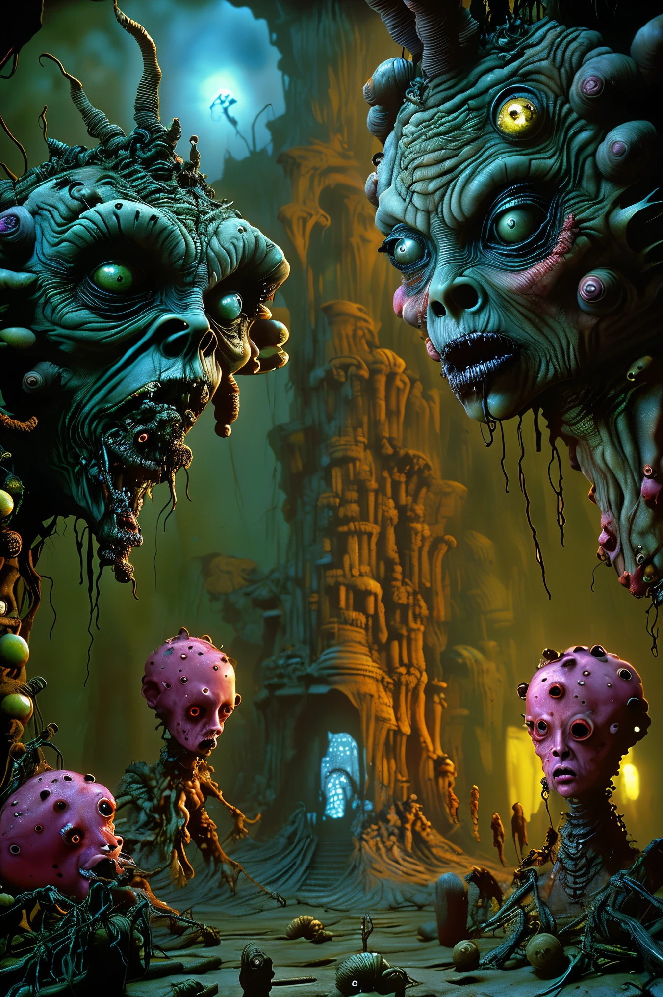 Faces grow wherever they can, organic creatures search for food and blood, hyperrealistic, not ultra materialistic, unless the material is someone to devour, sharp teeth and watchful eyes, SPY and NOT ART are both SATAN. Intricate hyper-detailed portrait, highly realistic, masterpiece, 8k, physically-based rendering, sharp focus, vivid colors, dark fantasy, gothic, moody lighting, dramatic atmosphere, decaying nature, twisted organic forms, ominous colors, haunting mood, sinister undertones, surreal details, grotesque yet beautiful.Haunting apocalyptic landscape,strange creatires,graveyard,haunted forest,mist,horror,spooky atmosphere,creepy,gothic,moody,dramatic lighting,cinematic,masterpiece,8K,highly detailed,photorealistic,professional movie quality,
Cinematography, full focus, highest quality images,
Ultra-detailed, realistic, hyperrealistic Show these creatures with more clearly defined faces and enhance whatever kind of mutated bodies they may have. Clear up any blurry parts, and set some kind of final background in place. Full focus! No blurred images, color correction. horror scene, ghostly apparitions, grim atmosphere, decaying ruins, ominous skies, haunting moonlight, detailed ghastly figures, photorealisticdetailed, fantasy horror scene,ghostly apparitions,grim atmosphere,decaying ruins,ominous skies,haunting moonlight,detailed ghastly figures,8K,HDR,ultra-detailed,physically-based rendering,professional,vivid colors,
Brighr vibrant colors,dramatic lightingCreatures' faces appear everywhere,
Claymation impregnation,
Apocalyptic nation,
Creepy crawler infestation
Ultra-detailed, ultra-realistic, photo-realistic, cinematic lighting, cinematic portrait, portrait photography