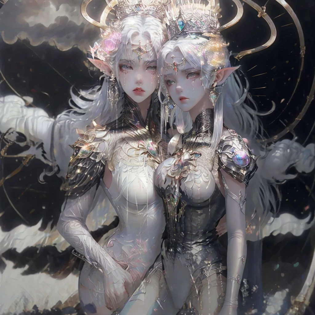 Sisters, Milky Way, Crescent Moon, Meteor Shower, Silver Hair, Feathered Angel Wings, Elven Ears, Transparent Finish, Realistic Body Lines, (((Many long white lace veils flutter in the wind))),((Red tattoo with womb under the navel))))), (Silk gold and silver lingerie), ((((Dirty crest)))