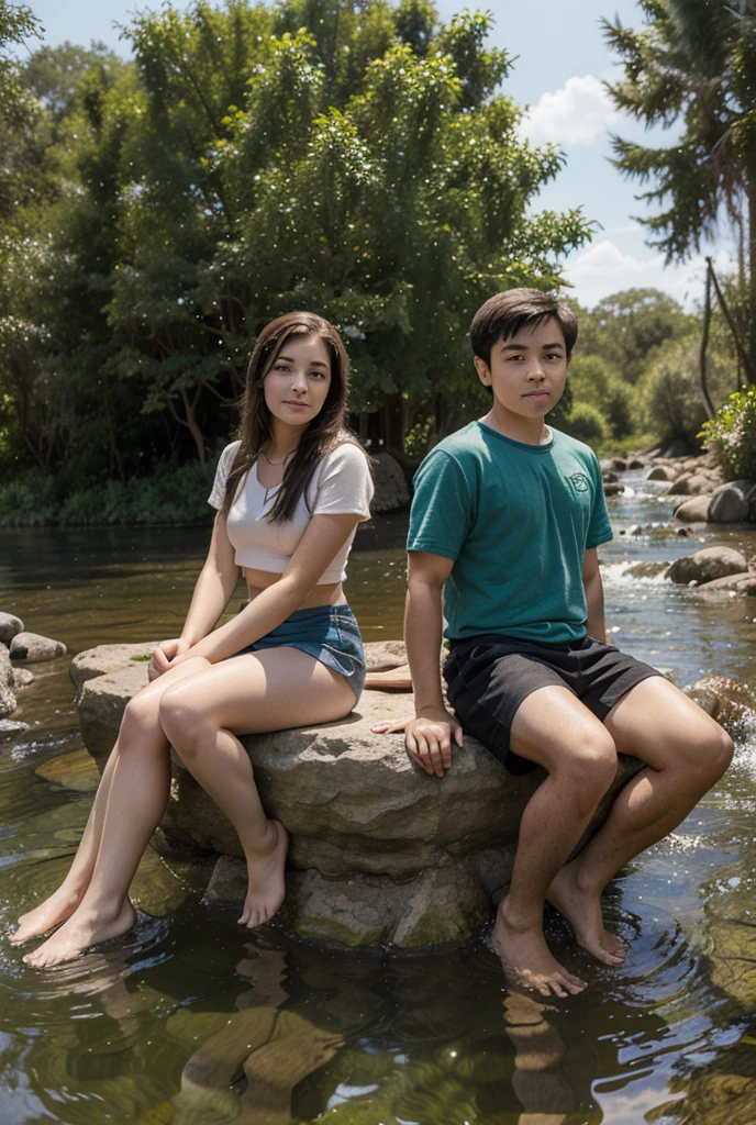 A boy and a girl are lying under a tree and the boy's head is on the girl's feet. There is a lot of greenery near them and there are parrots, birds, flowers, grass and water.