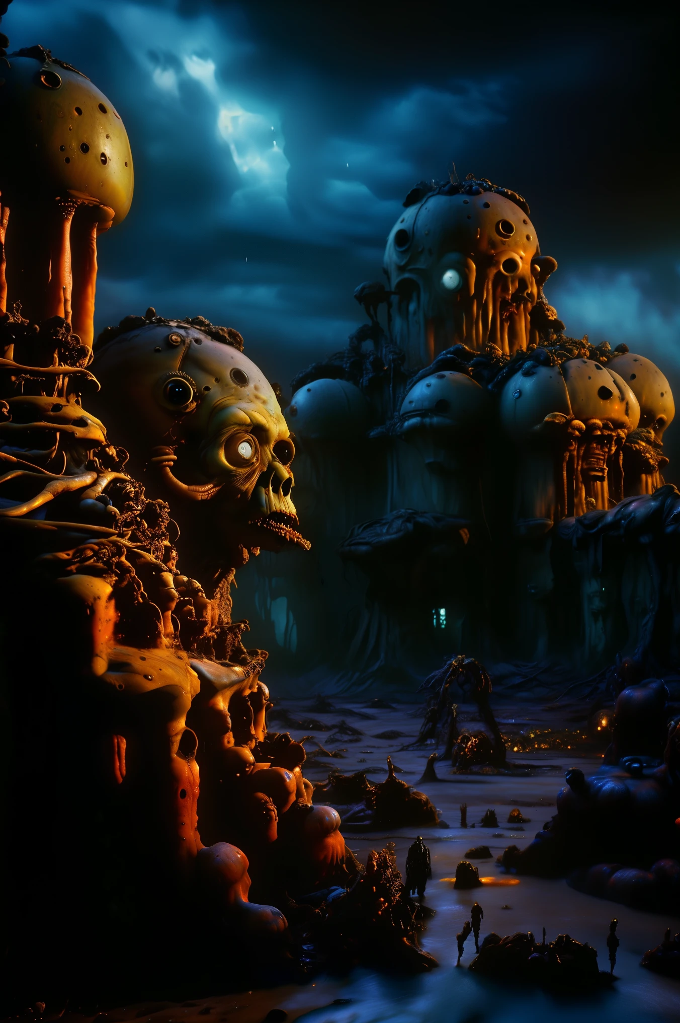 Faces grow wherever they can, organic creatures search for food and blood, hyperrealistic, not ultra materialistic, unless the material is someone to devour, sharp teeth and watchful eyes, SPY and NOT ART are both SATAN. Intricate hyper-detailed portrait, highly realistic, masterpiece, 8k, physically-based rendering, sharp focus, vivid colors, dark fantasy, gothic, moody lighting, dramatic atmosphere, decaying nature, twisted organic forms, ominous colors, haunting mood, sinister undertones, surreal details, grotesque yet beautiful.Haunting apocalyptic landscape,strange creatires,graveyard,haunted forest,mist,horror,spooky atmosphere,creepy,gothic,moody,dramatic lighting,cinematic,masterpiece,8K,highly detailed,photorealistic,professional movie quality,
Cinematography, full focus, highest quality images,
Ultra-detailed, realistic, hyperrealistic Show these creatures with more clearly defined faces and enhance whatever kind of mutated bodies they may have. Clear up any blurry parts, and set some kind of final background in place. Full focus! No blurred images, color correction. horror scene, ghostly apparitions, grim atmosphere, decaying ruins, ominous skies, haunting moonlight, detailed ghastly figures, photorealisticdetailed, fantasy horror scene,ghostly apparitions,grim atmosphere,decaying ruins,ominous skies,haunting moonlight,detailed ghastly figures,8K,HDR,ultra-detailed,physically-based rendering,professional,vivid colors,
Brighr vibrant colors,dramatic lightingCreatures' faces appear everywhere,
Claymation impregnation,
Apocalyptic nation,
Creepy crawler infestation
Ultra-detailed, ultra-realistic, photo-realistic, cinematic lighting, cinematic portrait, portrait photography
