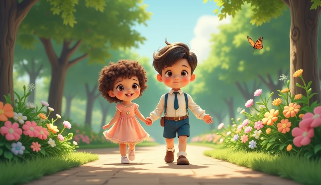 park, Sunnyday. children joao and lucia smile at each other, while they walk together