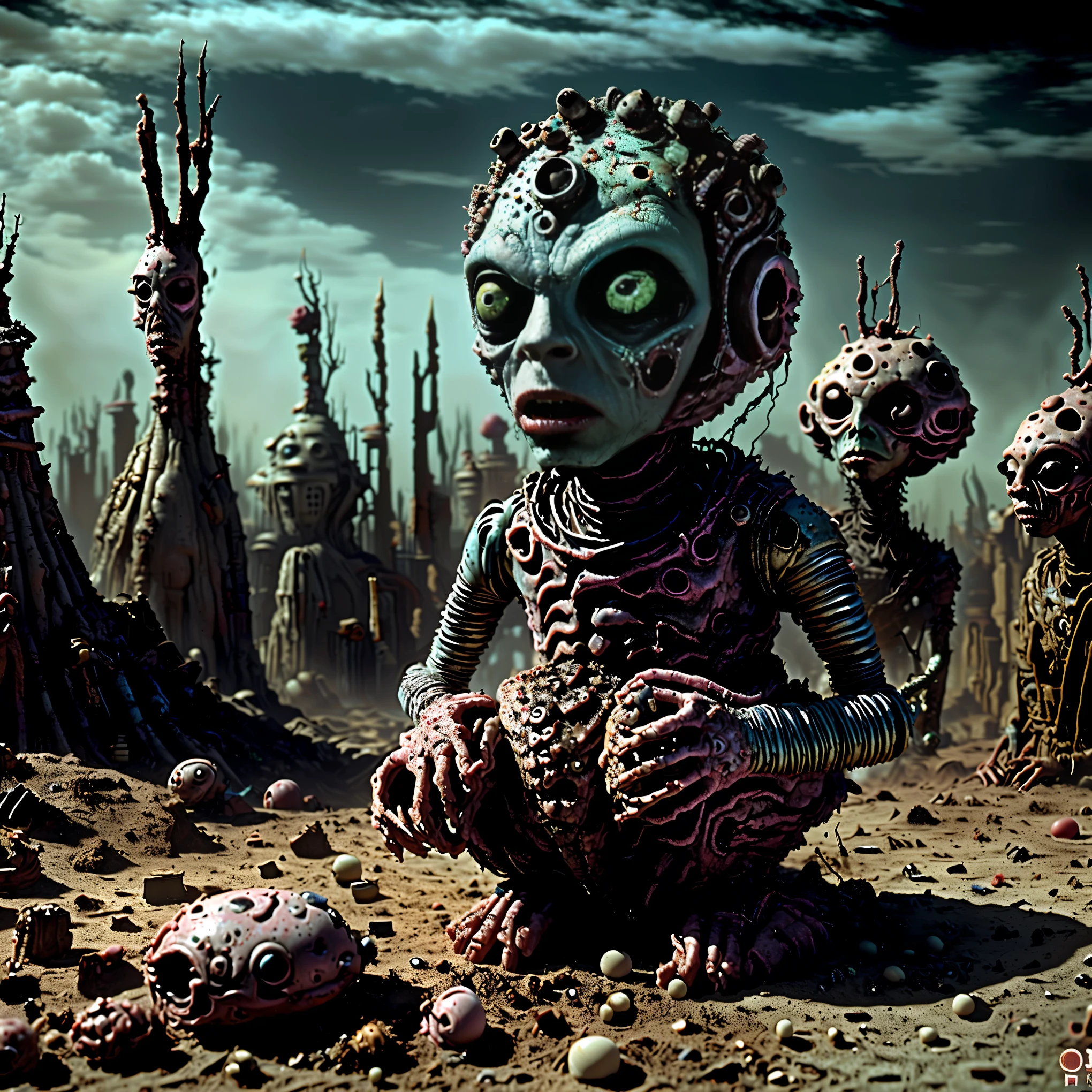Many faces are growing wherever and on whoever they can, gothichorrorai, organic creatures search for food and blood and someone to devour, they wait with sharp teeth and watchful eyes, SPY and NOT ART are both SATAN. The bright sunlight melts their features even further in an apocalyptic desert wasteland, the mutants left on earth stay pale under the harsh light of the summer sun. The unusual and grotesque facial features of those left behind continue to change constantly, once seen as people they are now just twisted organic oddities, even to each other as they can't be recognized as human beings, just physically-based renderings, rendered to freaks. Sharp focus, apocolyptic landscape from which there is no escape. Vivid colors, etheral undertones, surreal details, grotesque yet beautiful, apocalyptic landscape, strange creatures, horror, creepy, gothic, moody, dramatic lighting, cinematic, masterpiece, 8K, highly detailed, photorealistic, professional movie quality, Cinematography, full focus, best quality, highres,
realistic, hyperrealistic. Savage, grim ghastly figures, horrorific fantasy scene, decaying ruins, 8K, HDR,
Bright vibrant colors,
Claymation impregnation,
Apocalyptic nation,
Creepy infestation
Cinematic degradation